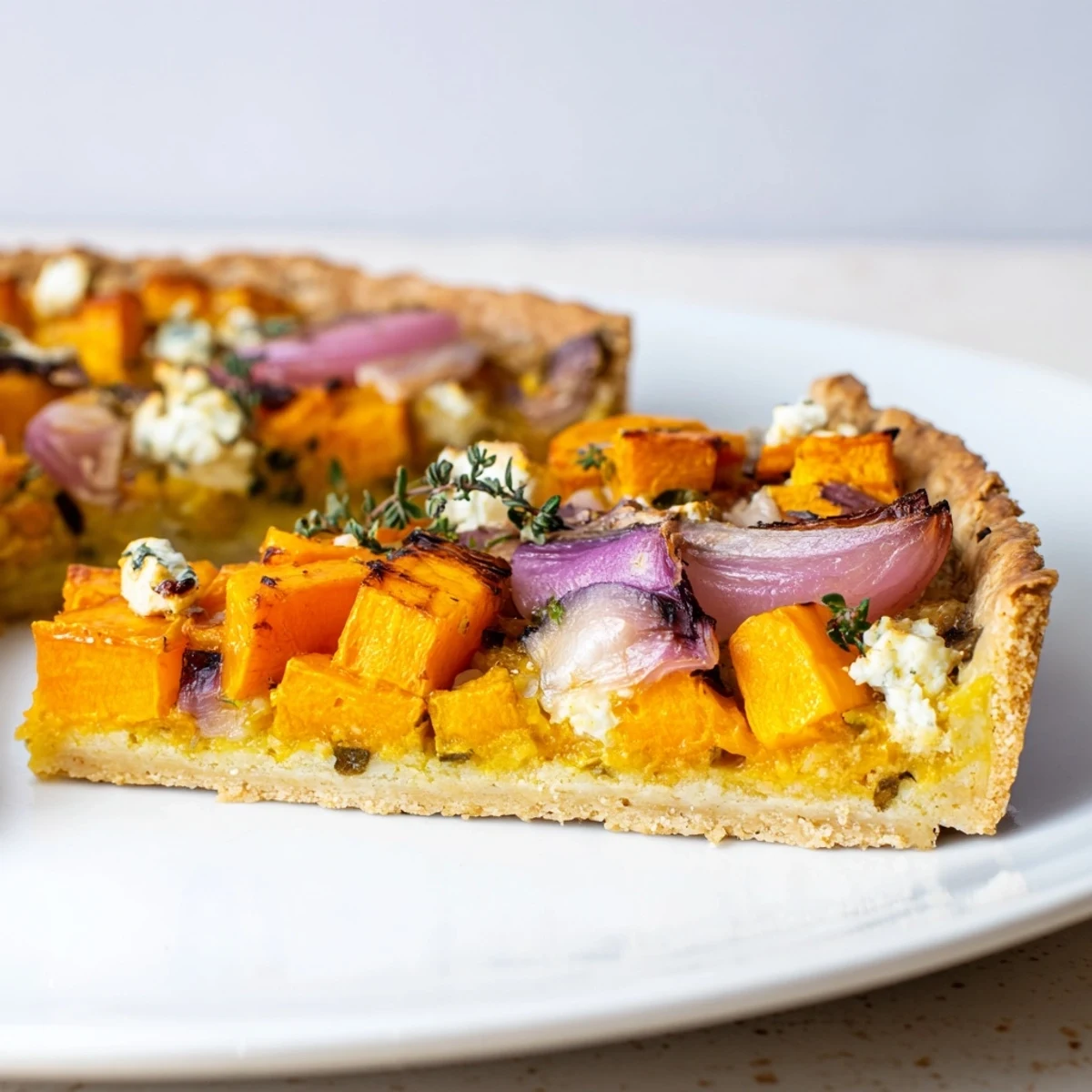 Golden-crusted Feuille d'Erable tart, filled with roasted veggies and creamy goat cheese, ready to serve.