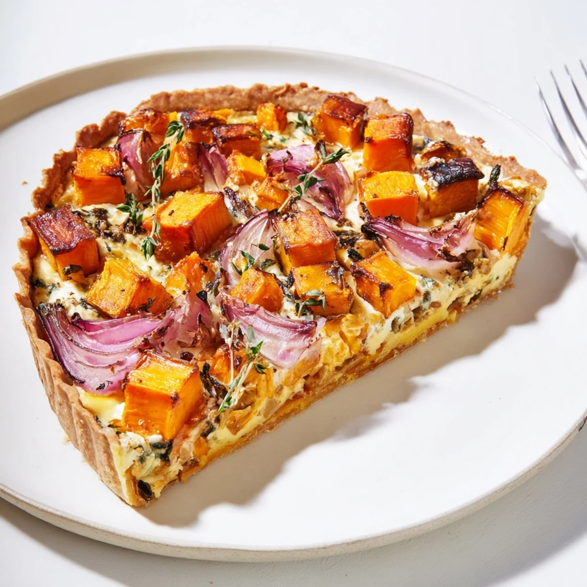 A close-up of a beautifully decorated Feuille d'Erable tart with flaky pastry and savory filling.