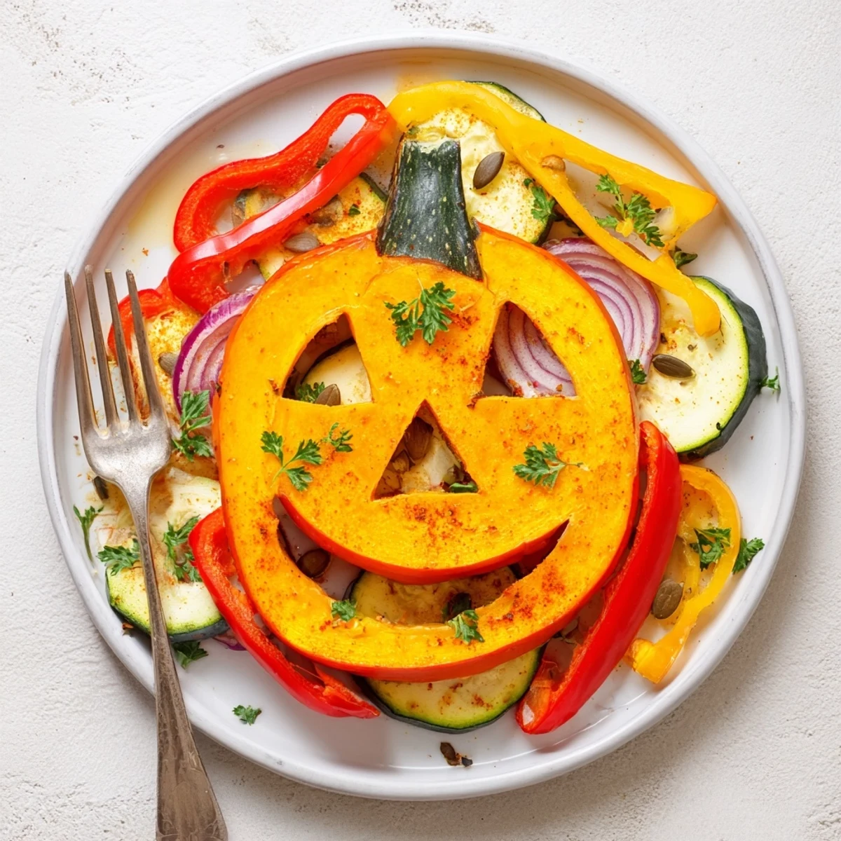 Vivid image of a delicious Pumpkin Lantern Halloween Plate, bursting with roasted vegetables and smoky spices.