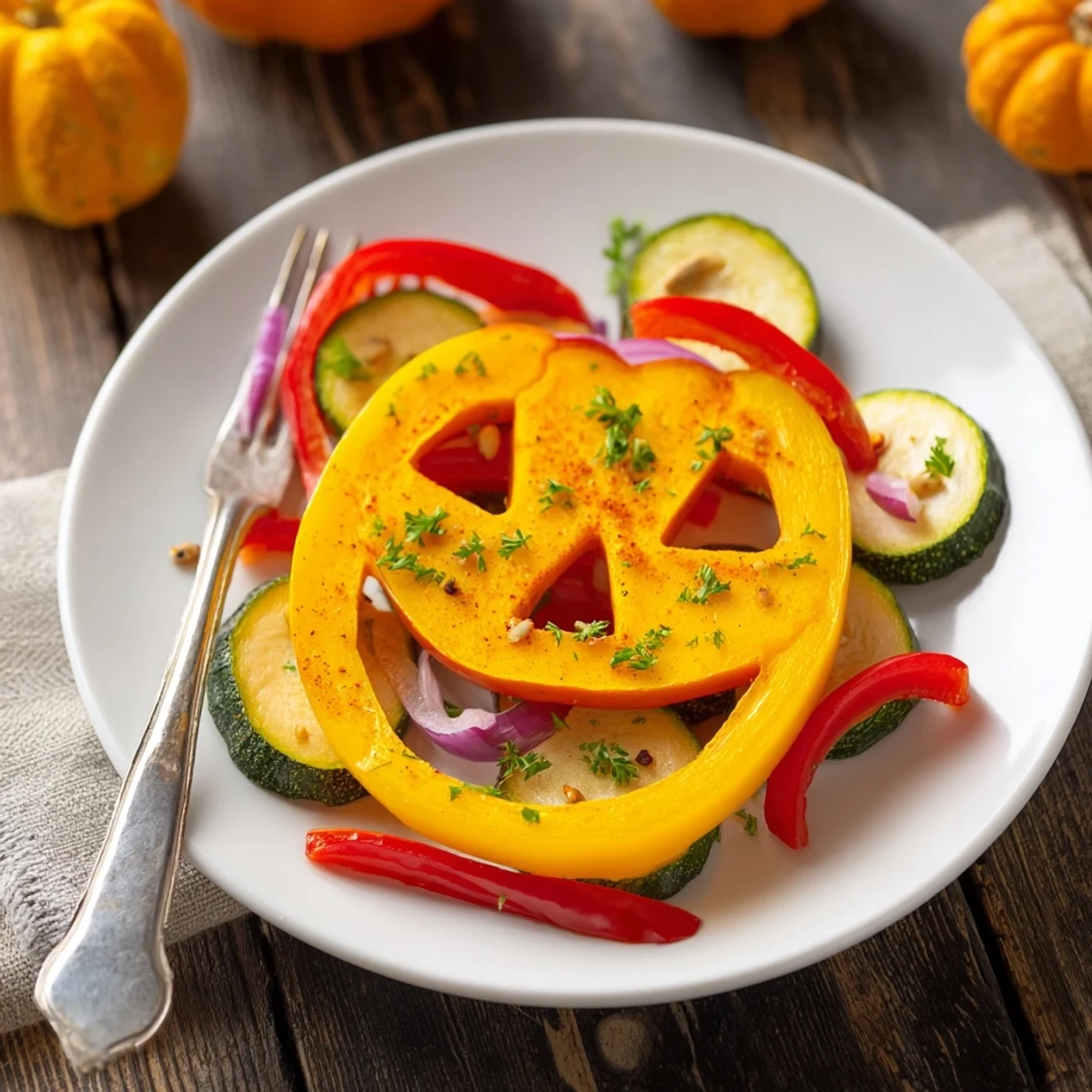 Roasted Pumpkin Lantern Halloween Plate, a vibrant vegetarian treat featuring colorful roasted vegetables.