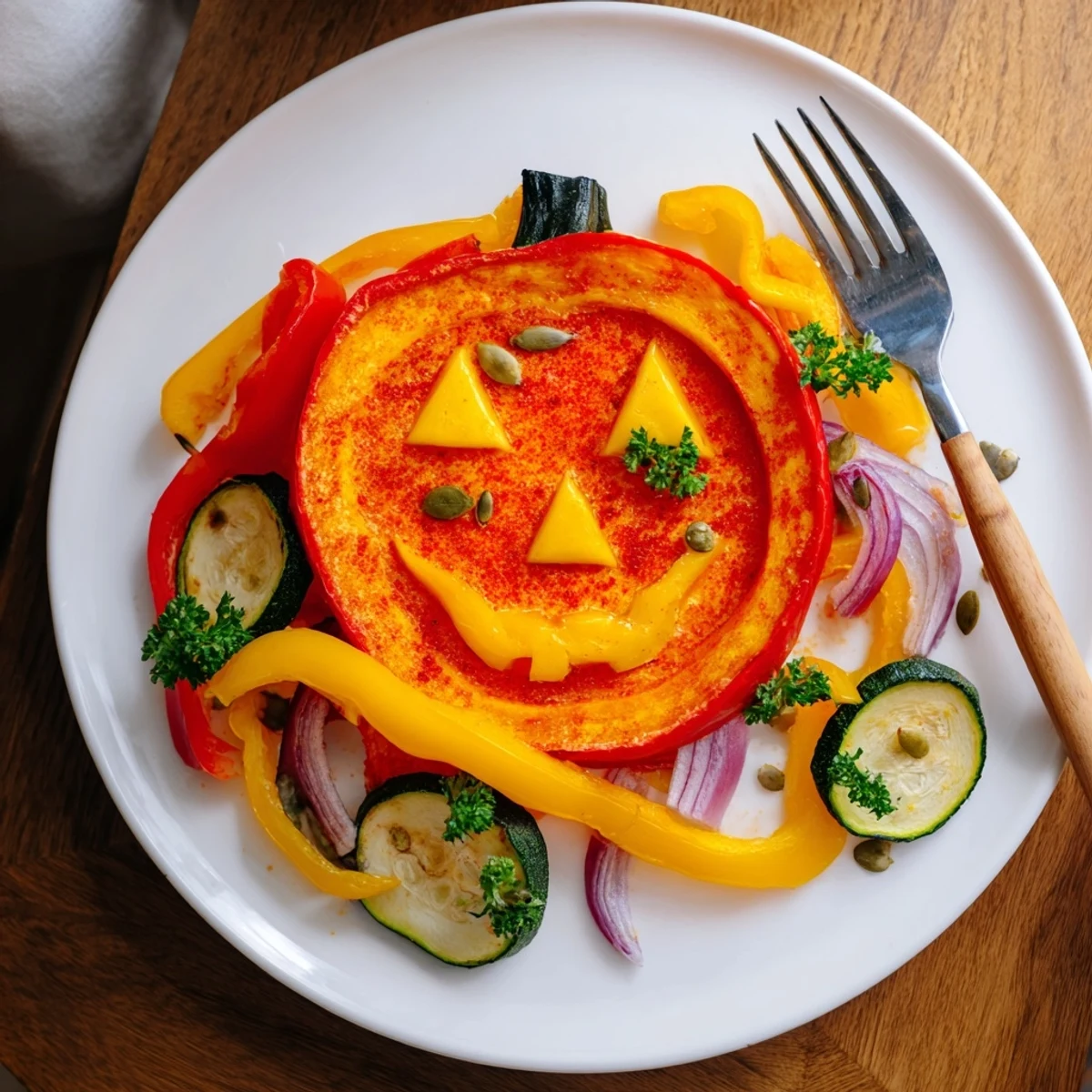 Halloween Pumpkin Lantern Plate showcasing a colorful, perfectly roasted vegetable arrangement ready to serve.