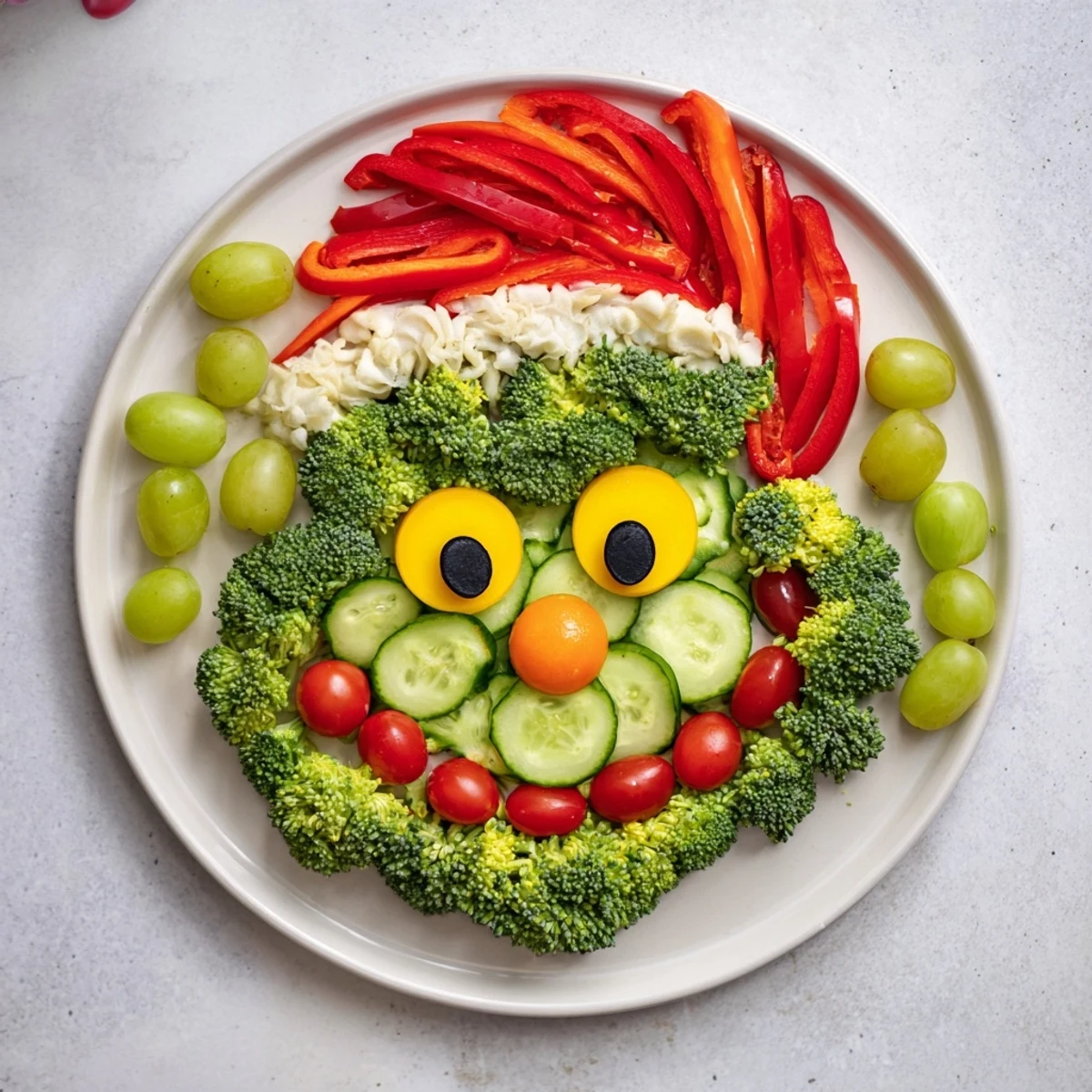 Grinch Face Veggie Platter: A festive arrangement of fresh vegetables, ready for holiday snacking.