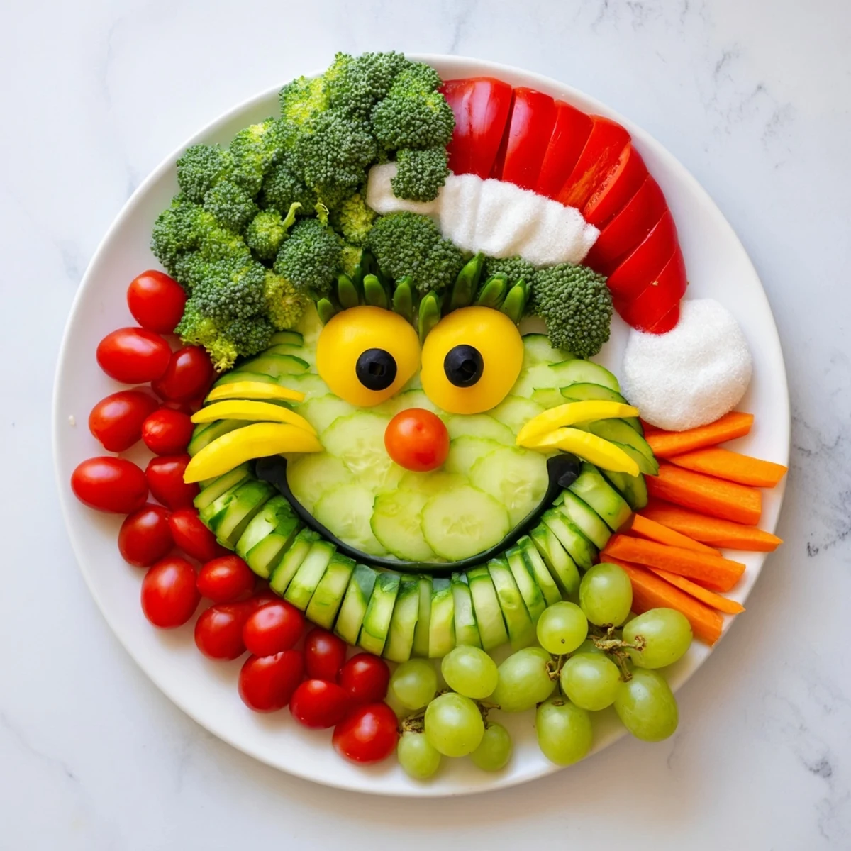 Savory Crudités Grinch Face presents a whimsical platter with colorful veggie smiles for parties.