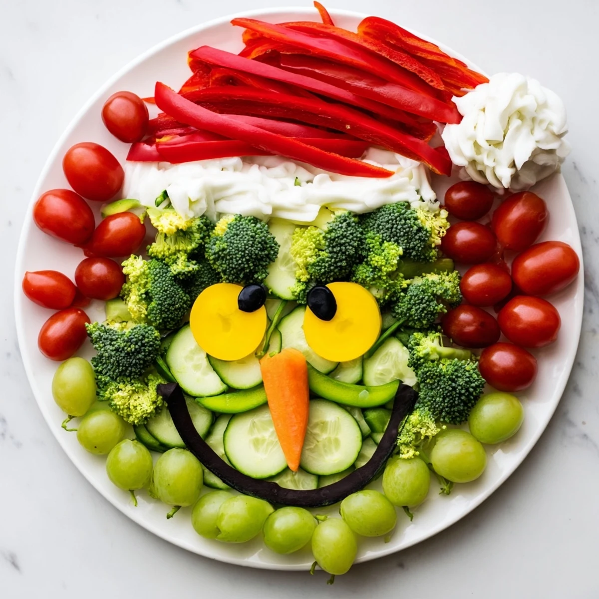 Healthy and fun, this Savory Crudités Grinch Face shows off fresh vegetables against a platter of green.