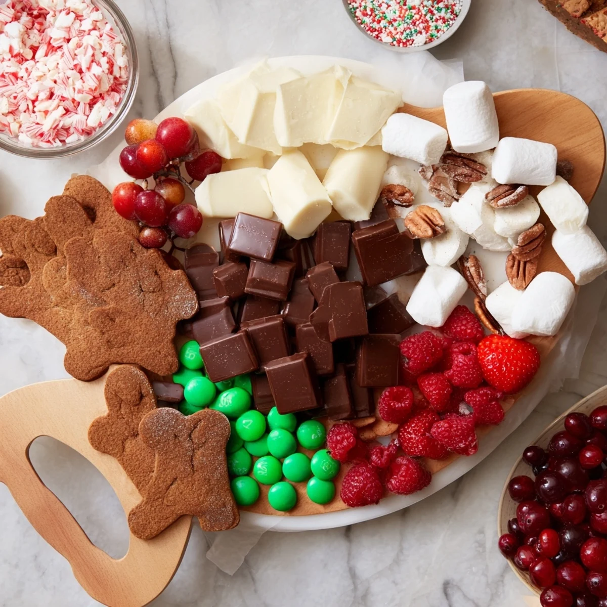 Cozy Mitten Dessert Board presents a winter wonderland—an array of chocolates, cookies, and fruit in a mitten shape.