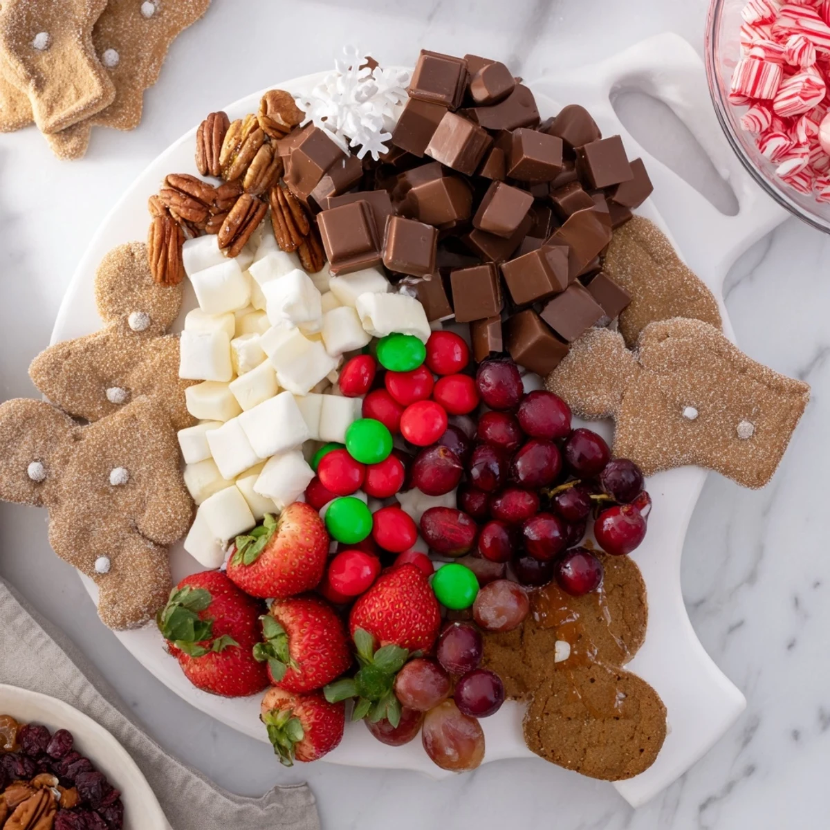 Imagine the charming Cozy Mitten Dessert Board: cookies, chocolates, and fruits arranged for holiday snacking.