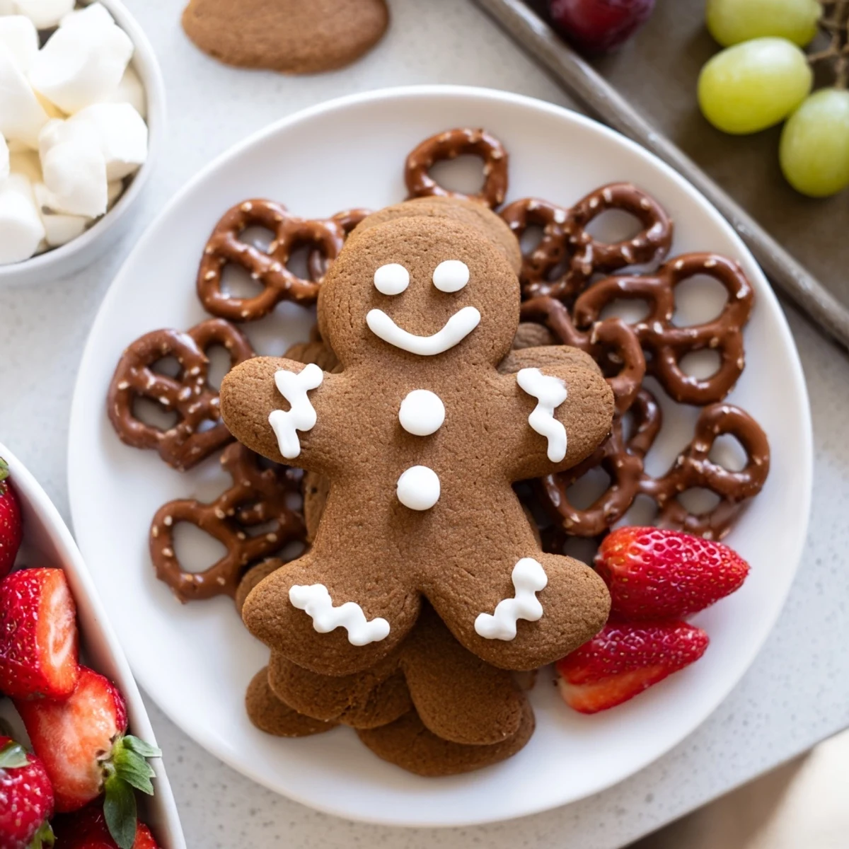 Festive Gingerbread Man Cookie Board features colorful candies, fresh fruit, and iced gingerbread men.