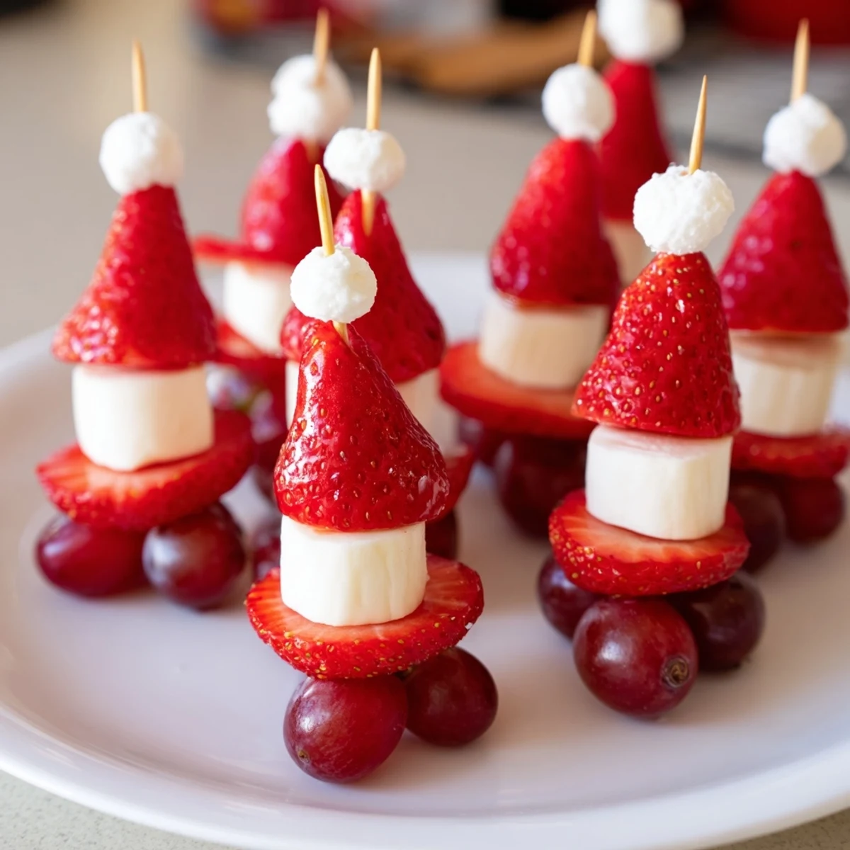 Vibrant Santa Hat Fruit and Cheese Platter with juicy strawberries, cheese cubes, and grapes, a festive appetizer.