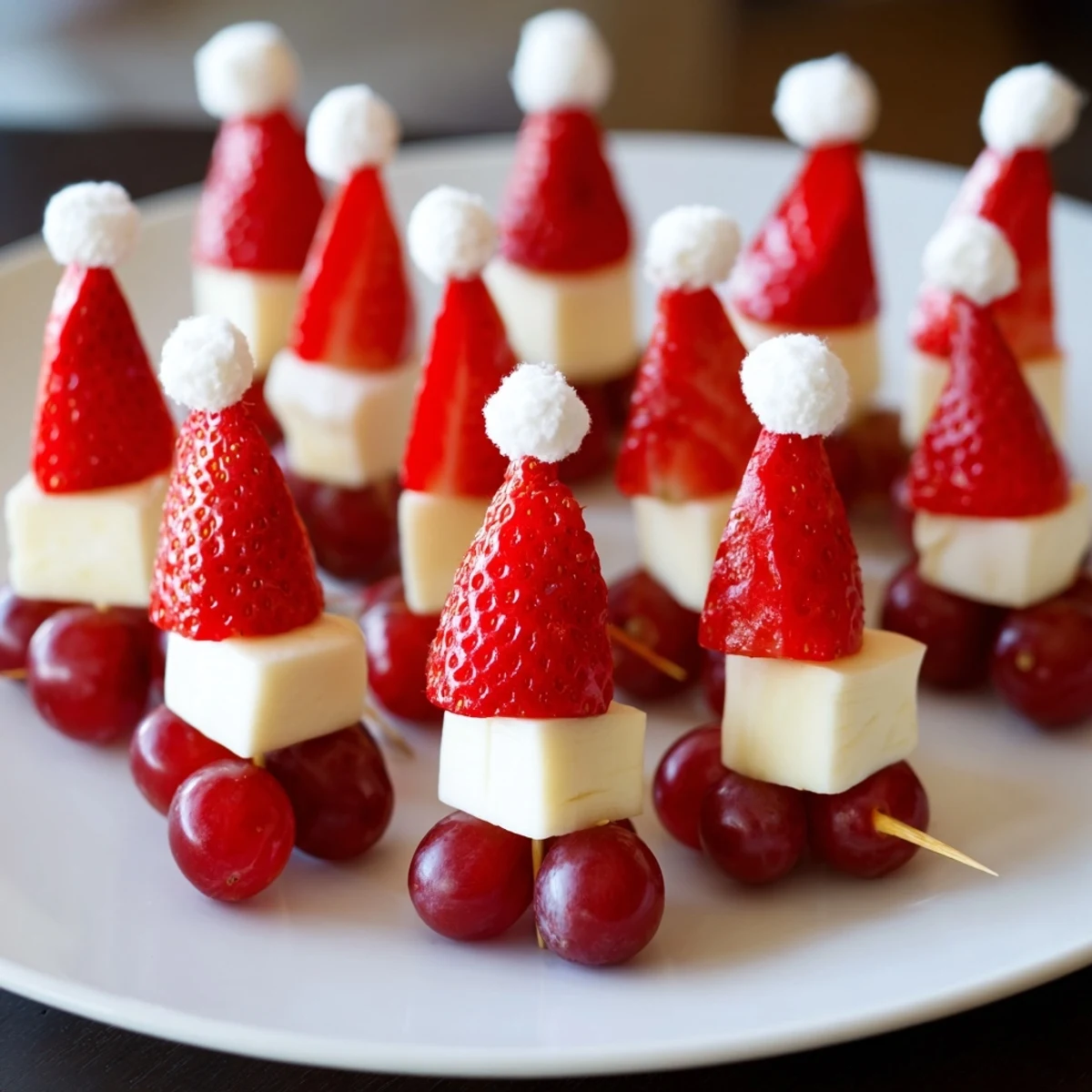 Elegant Santa Hat Fruit and Cheese Platter on a serving dish, ready to be enjoyed as a perfect party appetizer.