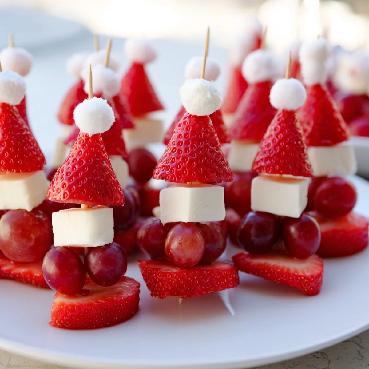 Close-up of a colorful Santa Hat Fruit and Cheese Platter; strawberries and cheese look delicious for a holiday snack.