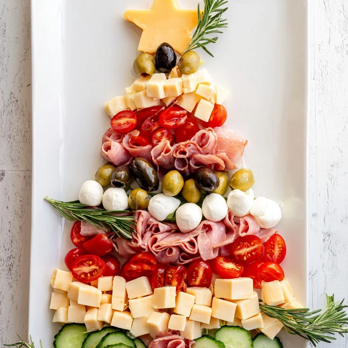 Festive Christmas Tree Charcuterie Board brimming with meats, cheeses, fruits, and crackers for holiday enjoyment.