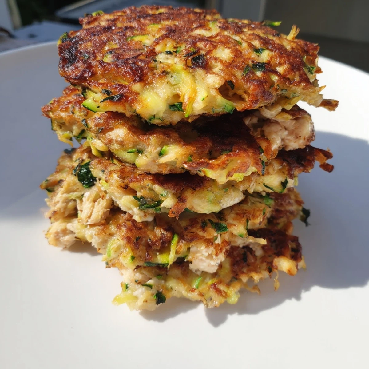 Golden-brown High-Protein Chicken Zucchini Fritters, crispy-edged and savory, ready to be enjoyed.