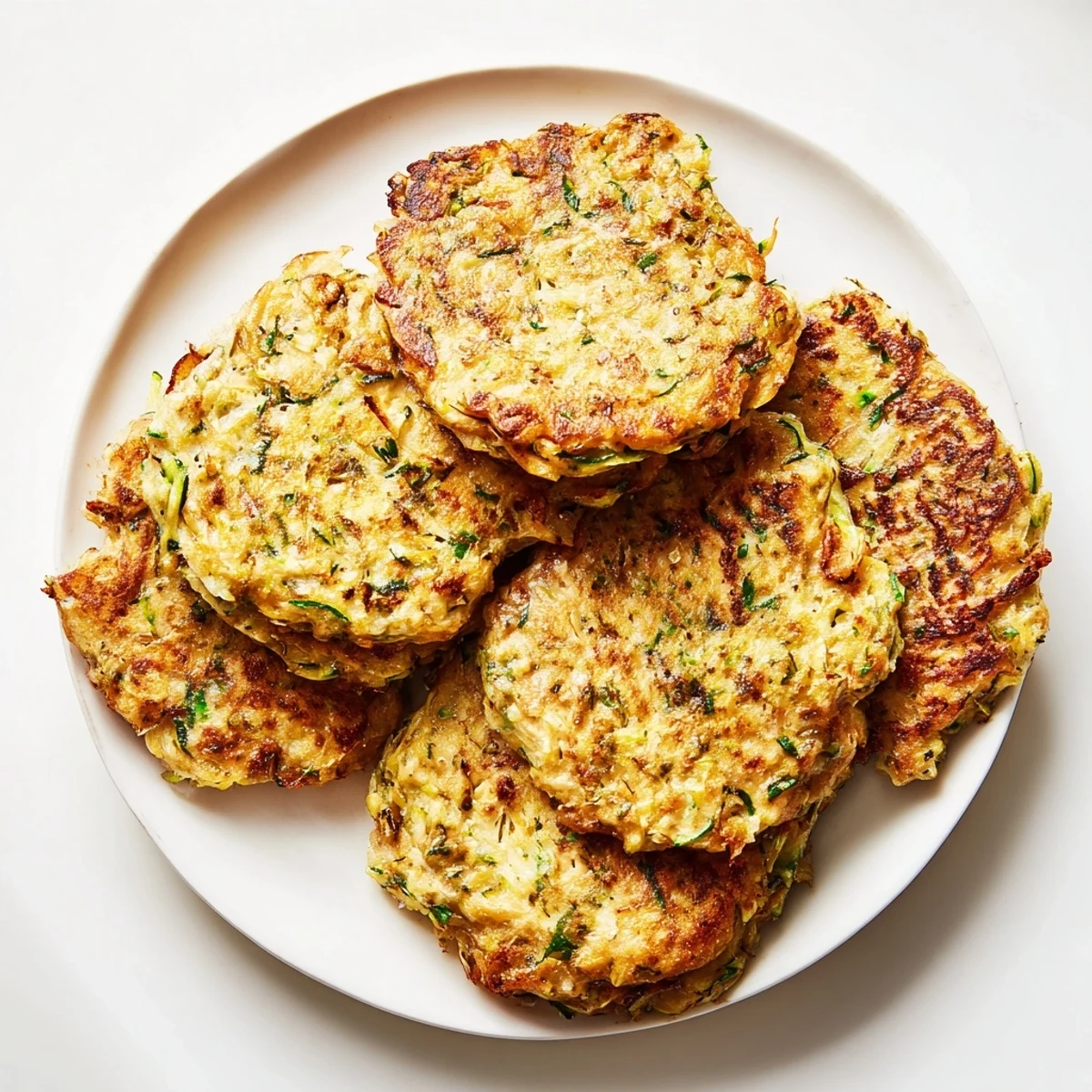 A close-up of sizzling High-Protein Chicken Zucchini Fritters, cooked golden in a pan with herbs.