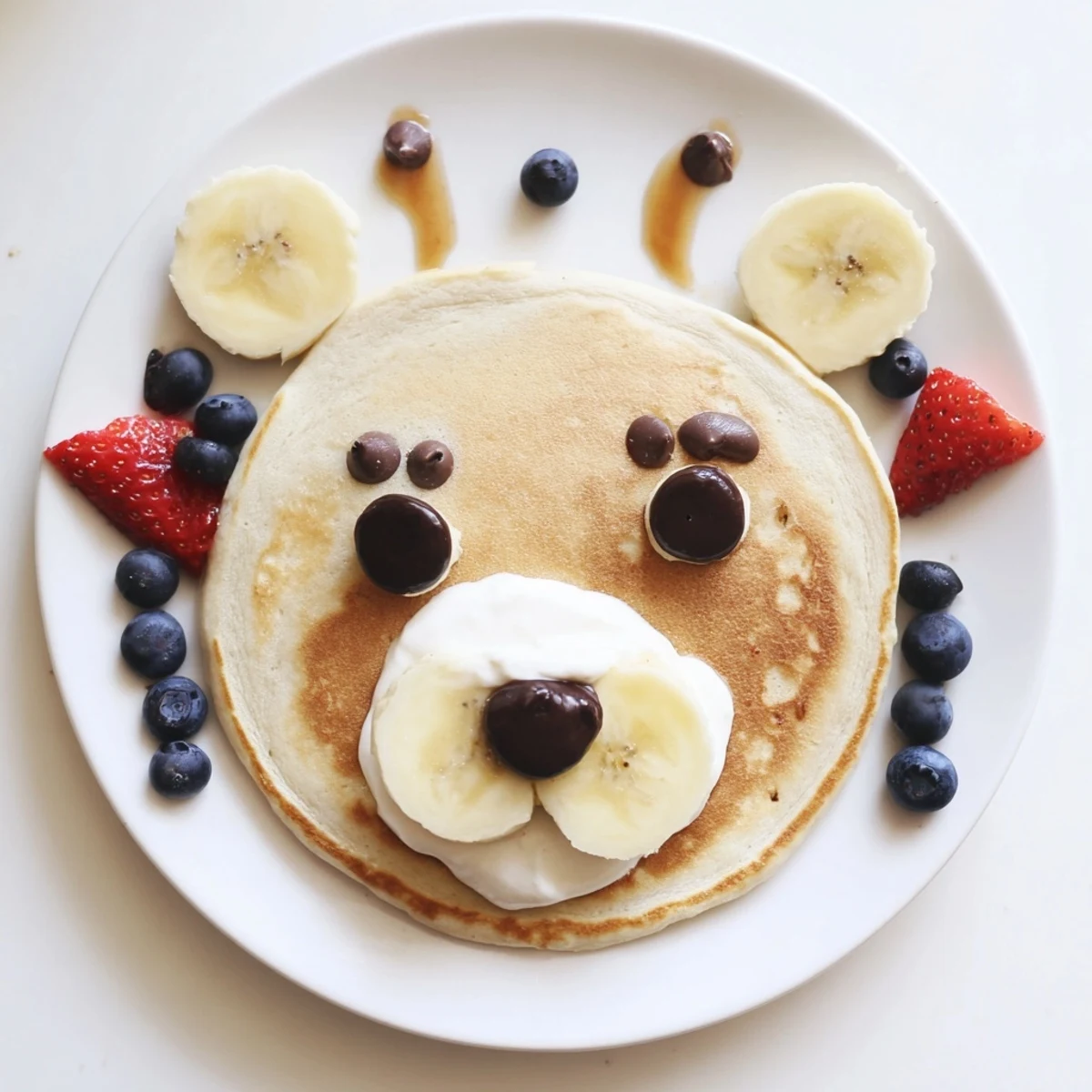 Fluffy Polar Bear Pancake Stack Board with fresh berries and rich chocolate hazelnut spread.