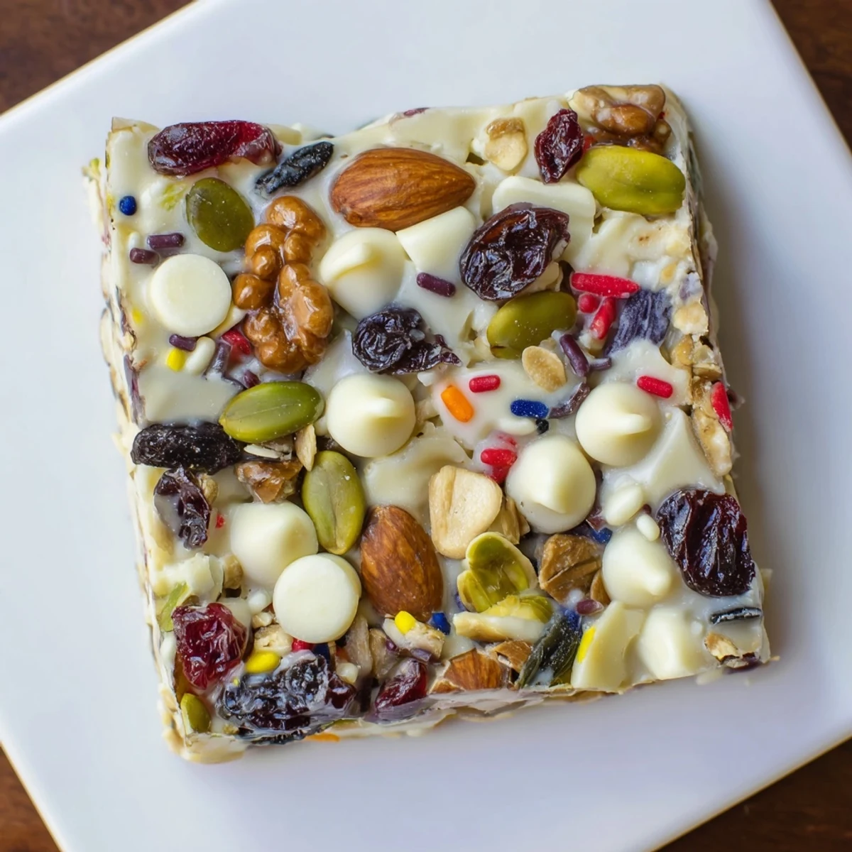 Winter Wonderland Trail Mix Bar, a sweet, crunchy bar with festive sprinkles and white chocolate.