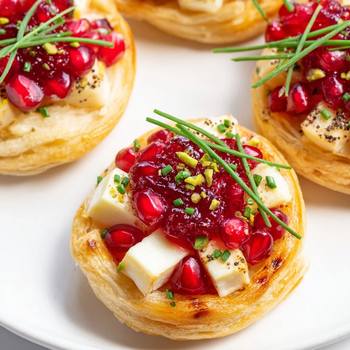 Golden-brown Fireworks Brie Tartlets topped with bright red pomegranate seeds; a perfect appetizer.