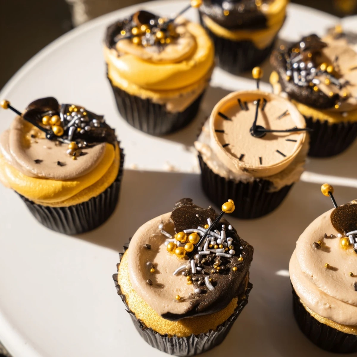 Vibrant Countdown Clock Mini Desserts, frosted with black and gold, ready for a New Year's Eve celebration.