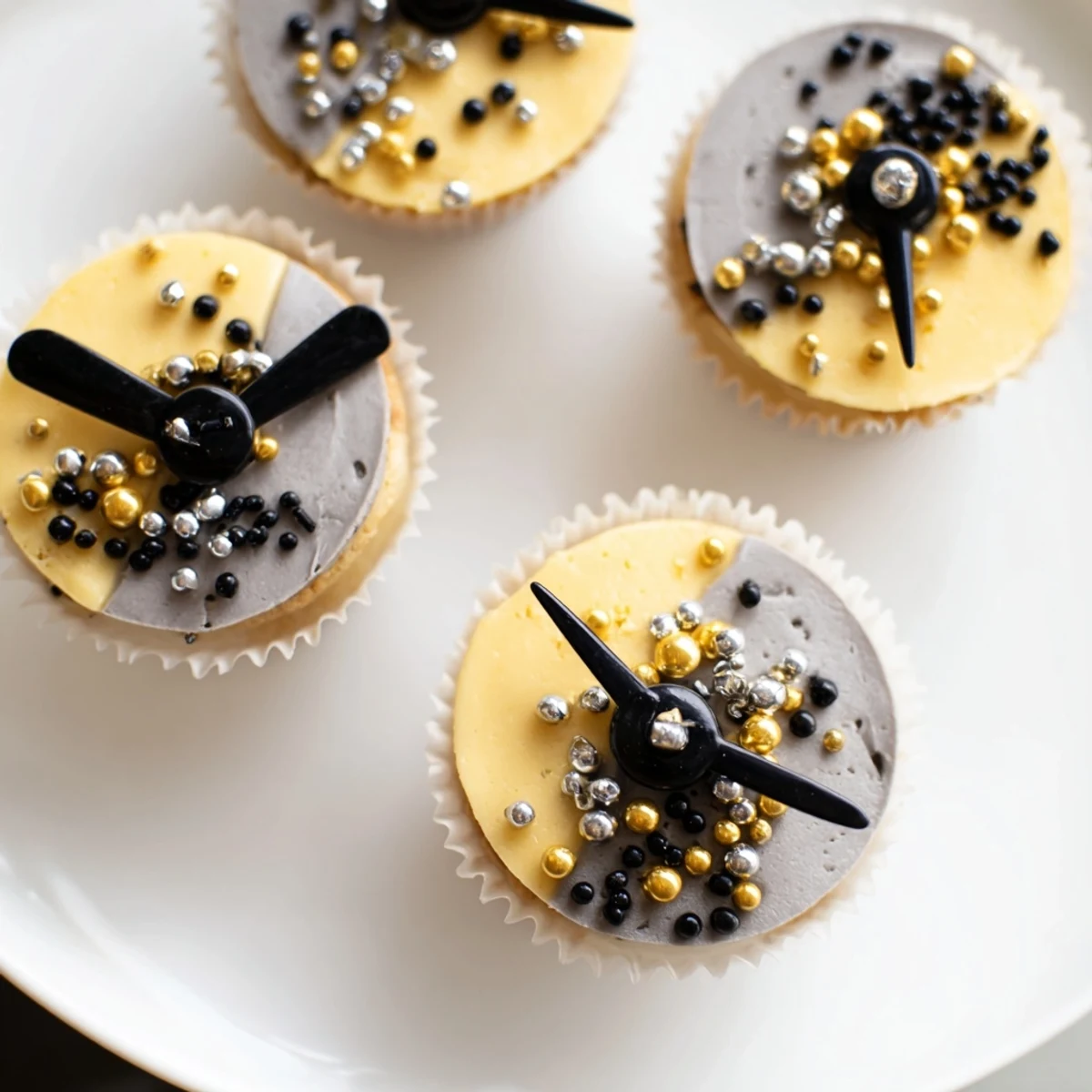 Close-up of frosted Countdown Clock Mini Desserts, each with a detailed clock face, perfect for party treats.