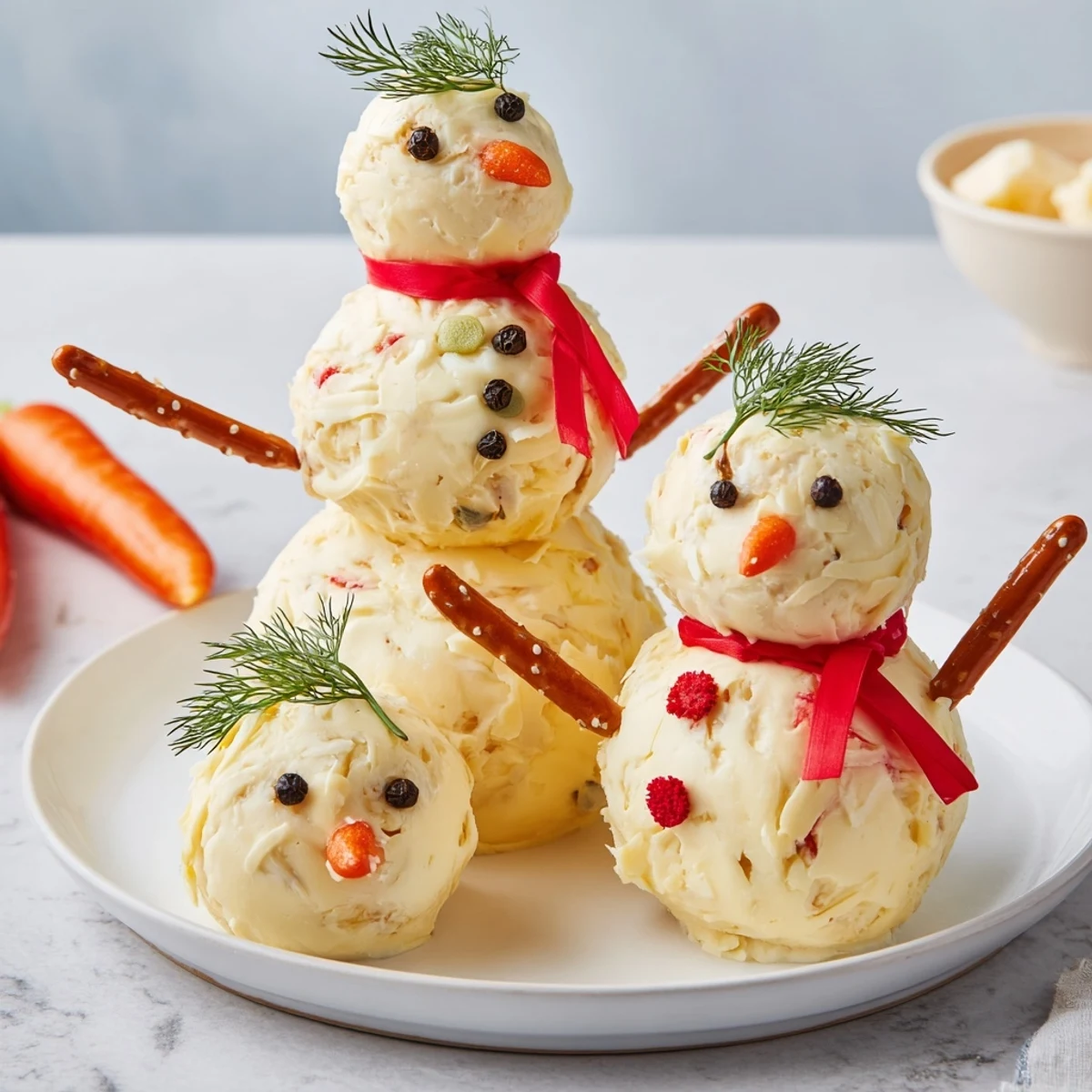 Festive Snowman Cheese Ball Trio, a delightful appetizer with savory, creamy cheese and colorful decorations.
