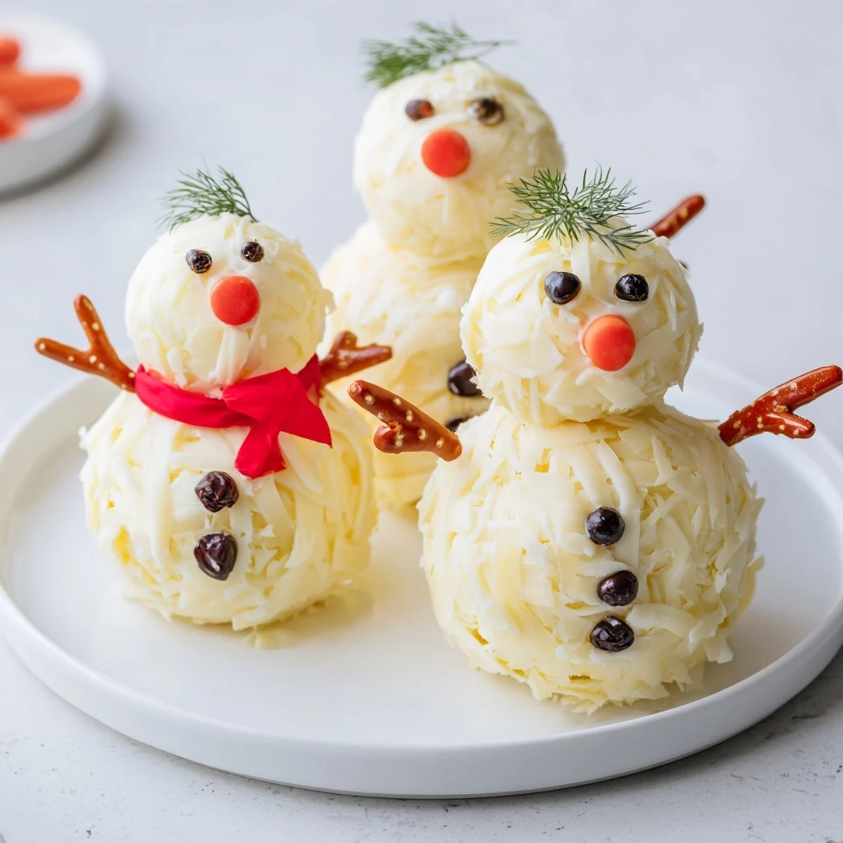Delicate carrot noses and peppercorn eyes bring this creamy Snowman Cheese Ball Trio to life on the platter.