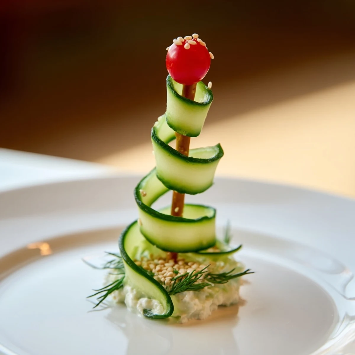 Festive spiral cucumber ribbon Christmas trees, herbed cream cheese, and perfect holiday party food.