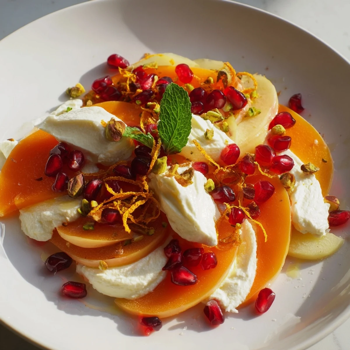 Persimmon and pear snowscape dessert, with creamy mascarpone, pomegranate seeds and pistachios ready to enjoy.