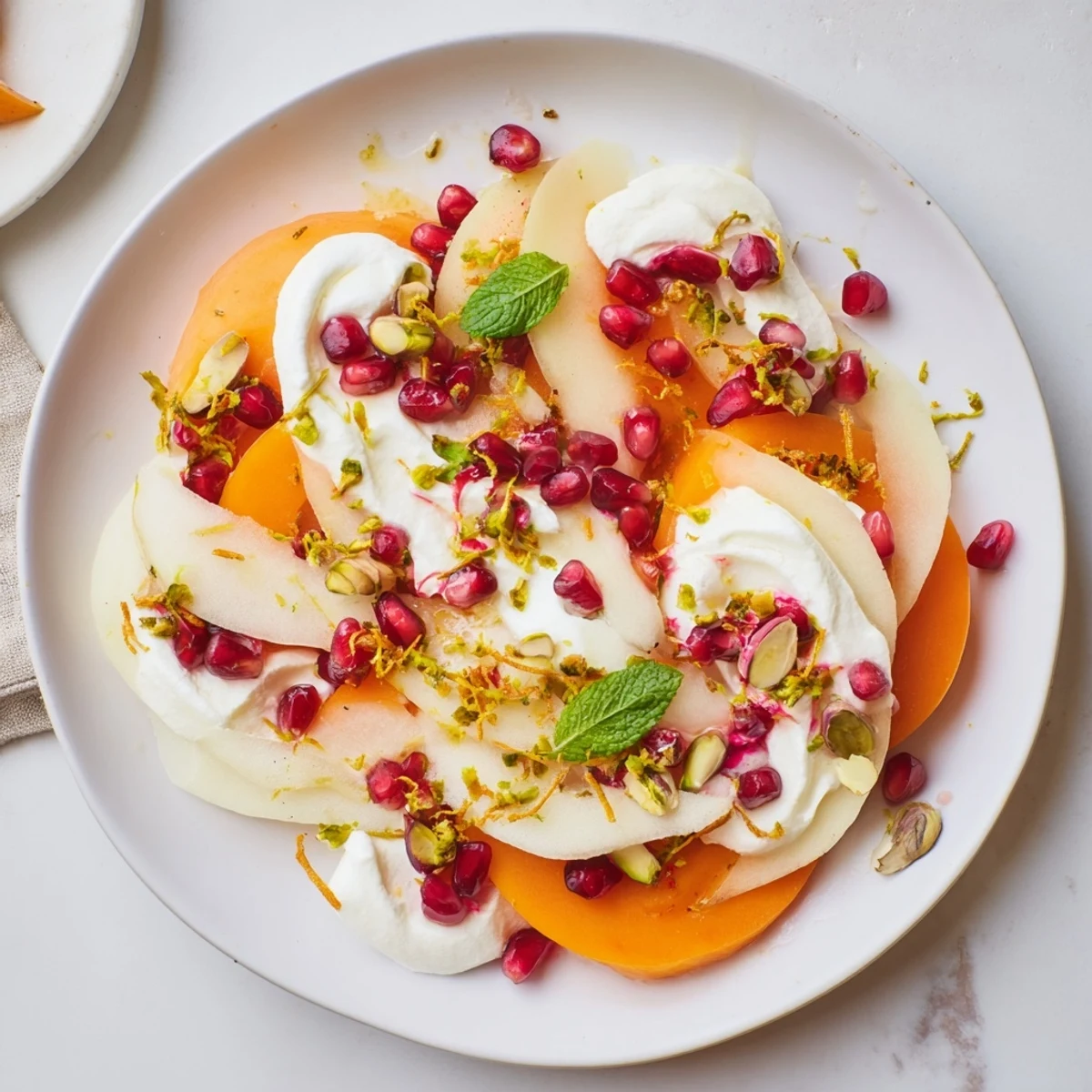 A refreshing winter snowscape: thinly sliced persimmons and pears with light mascarpone, showcasing this elegant dessert.