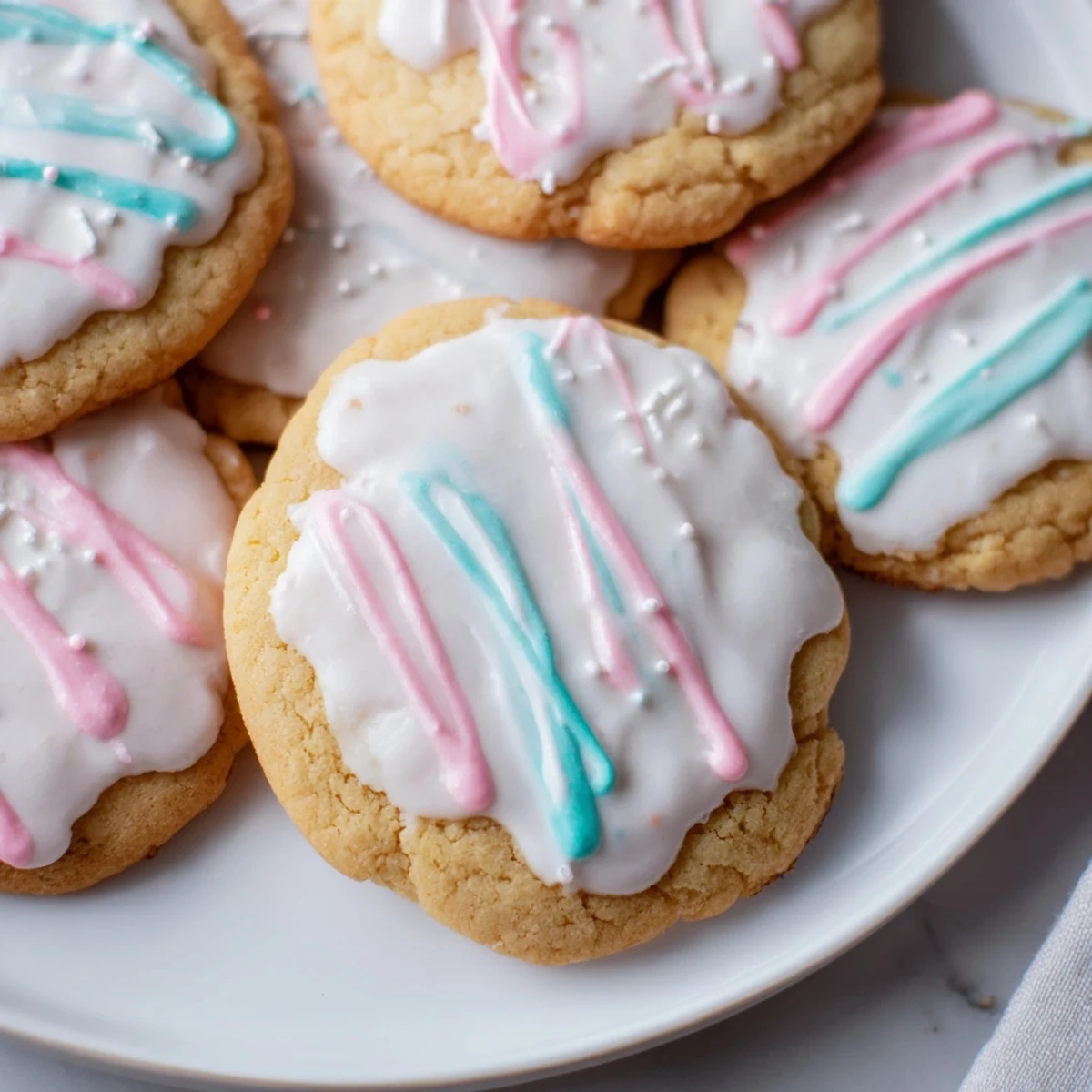 Close-up of freshly baked sugar cookies with colorful icing drizzle, a delightful dessert treat.