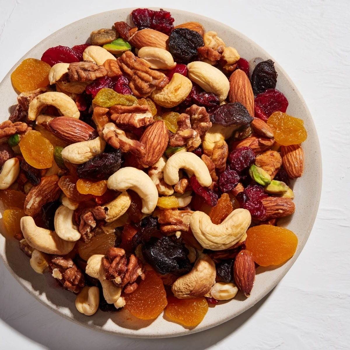 A close-up of the easy party assorted nuts and dried fruit mix, overflowing and ready to eat.