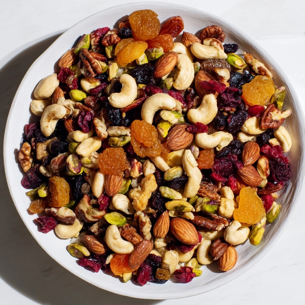 Golden raisins, red cranberries, and nuts create a tasty arrangement for serving the party assorted nuts.