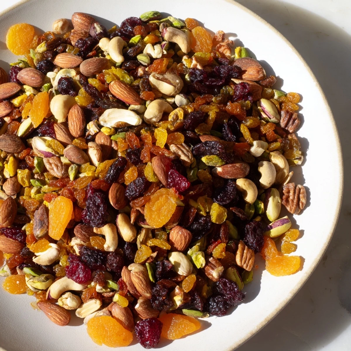 This inviting photo shows a delicious assortment of easy party nuts and dried fruit, ready in minutes.