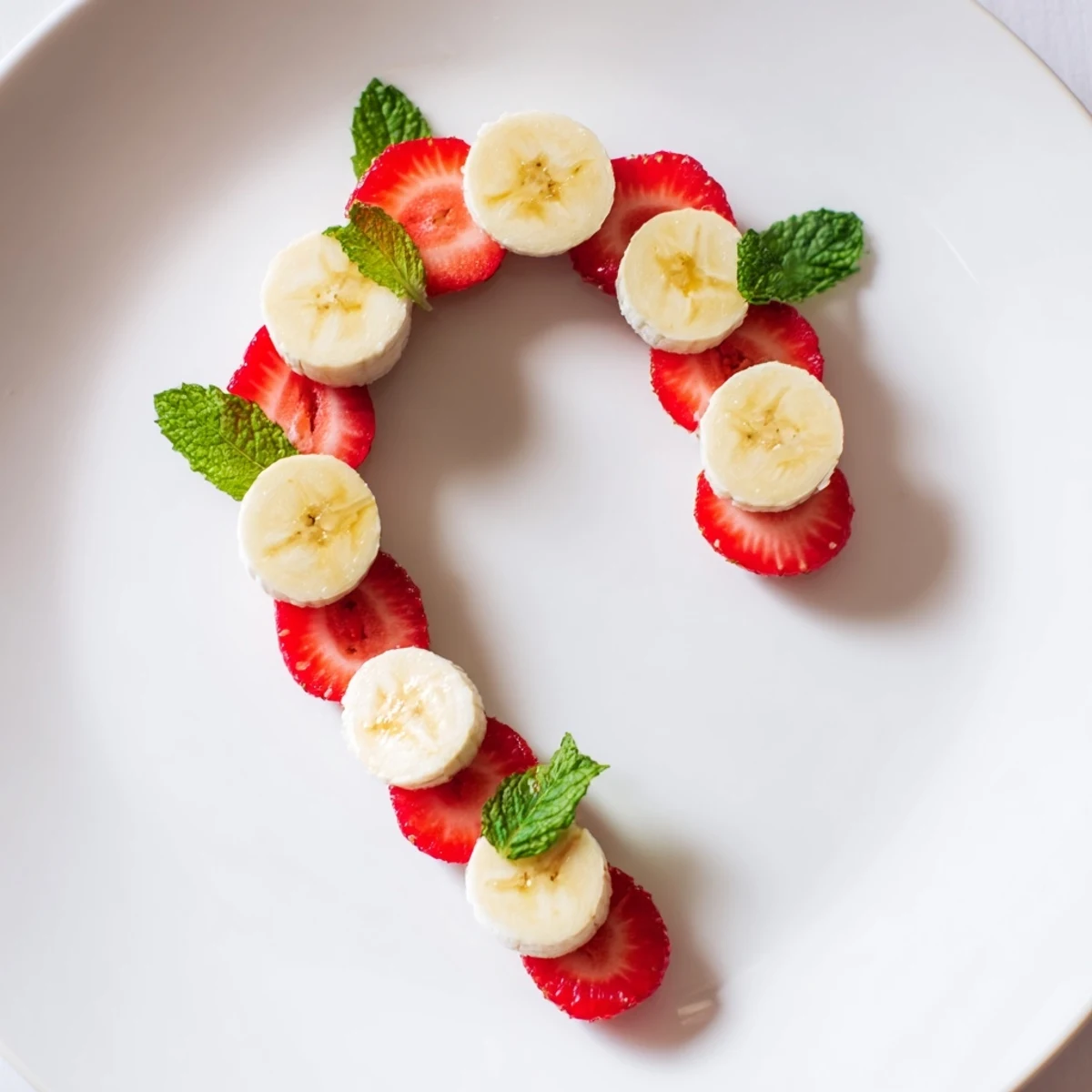 Vibrant red strawberries and yellow bananas form a festive candy cane, perfect snack layout.