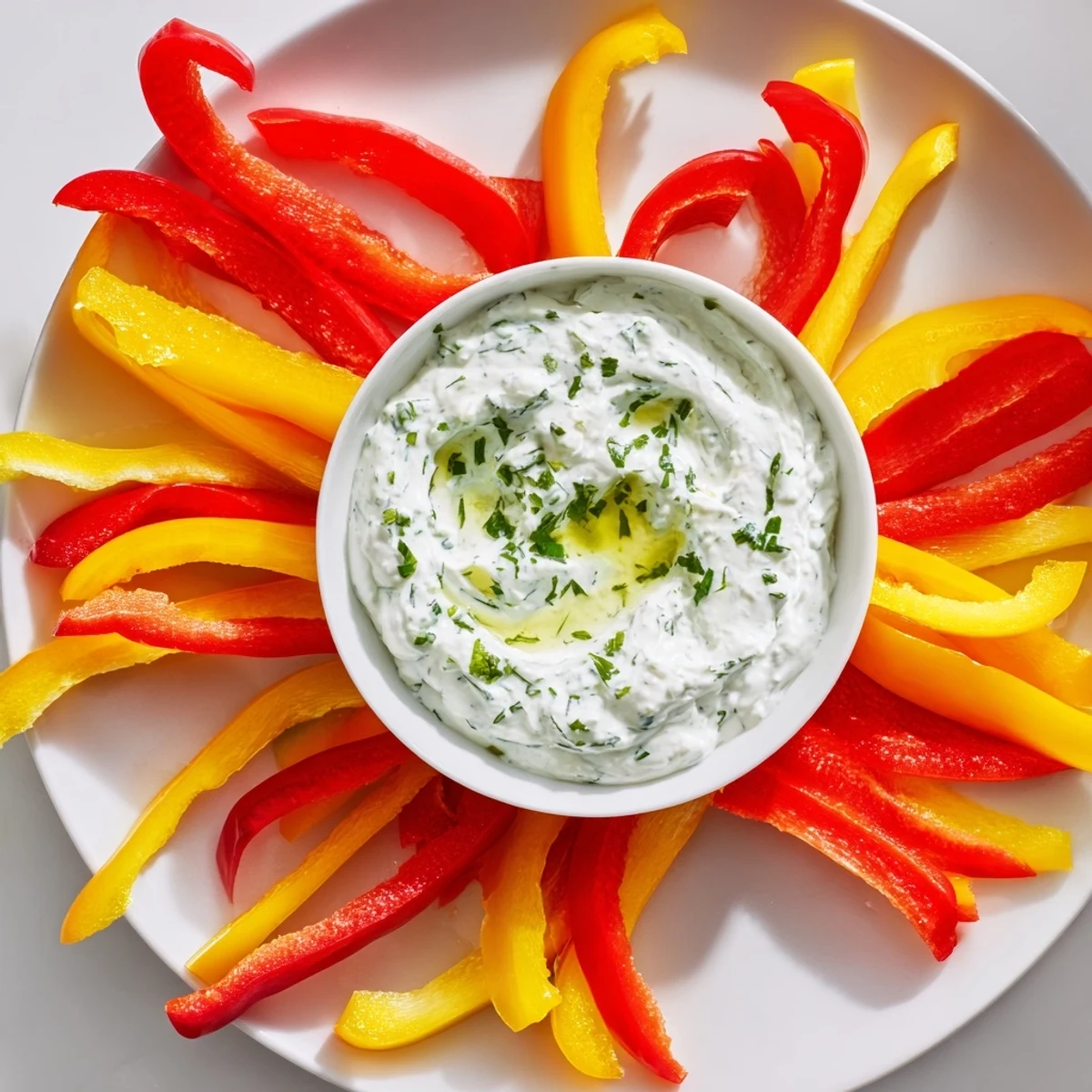 Crisp red, yellow, and green bell pepper strips arranged with creamy Greek yogurt dip.