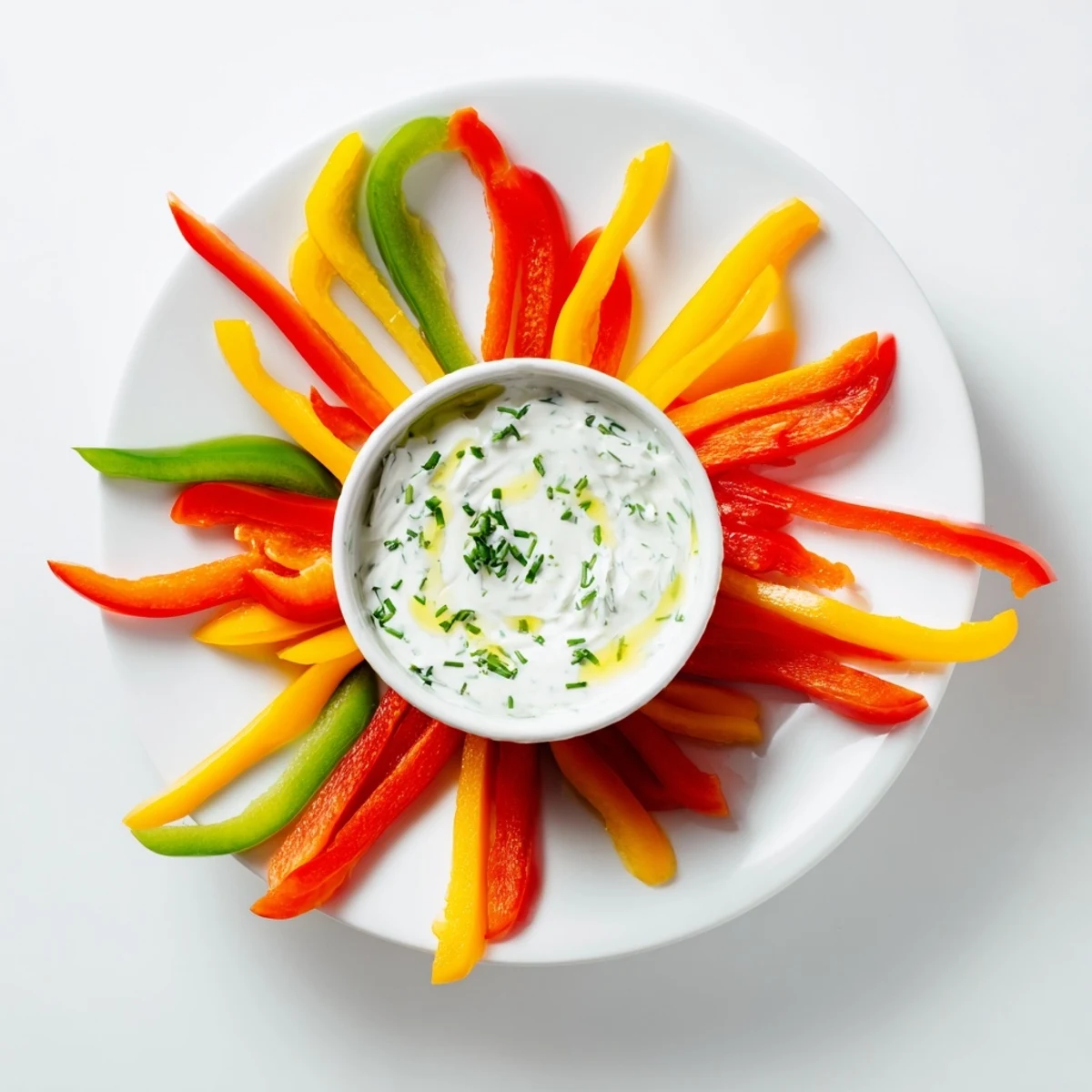 Fresh bell pepper strips with herbed Greek yogurt dip, a colorful and healthy appetizer.
