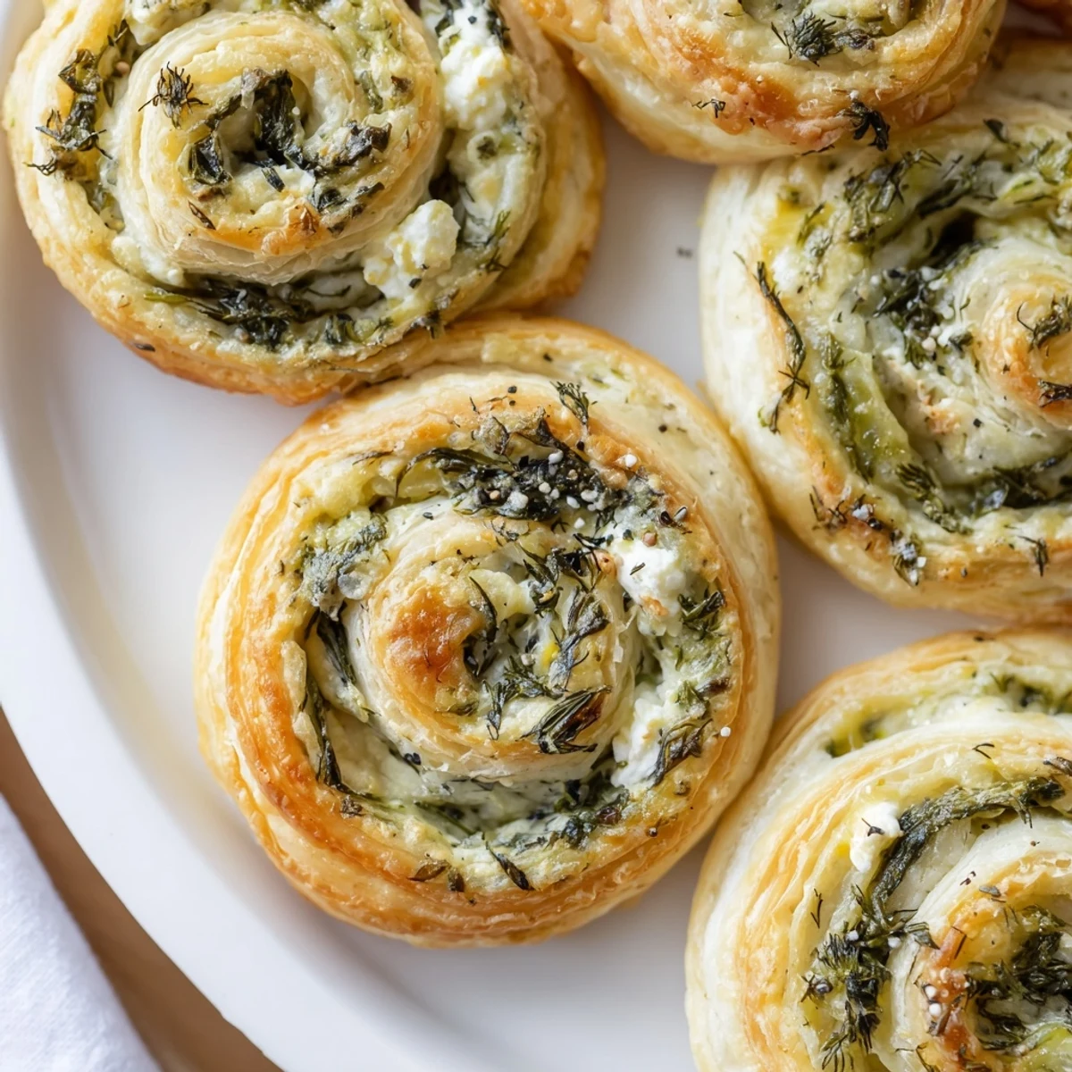 Close-up of baked Savory Spinach Feta Pinwheels showing flaky layers with a creamy, cheesy spinach filling.