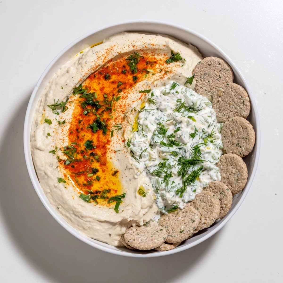 A vibrant platter with Easy Dips: creamy hummus and a fresh yogurt dip, perfect for snacking.