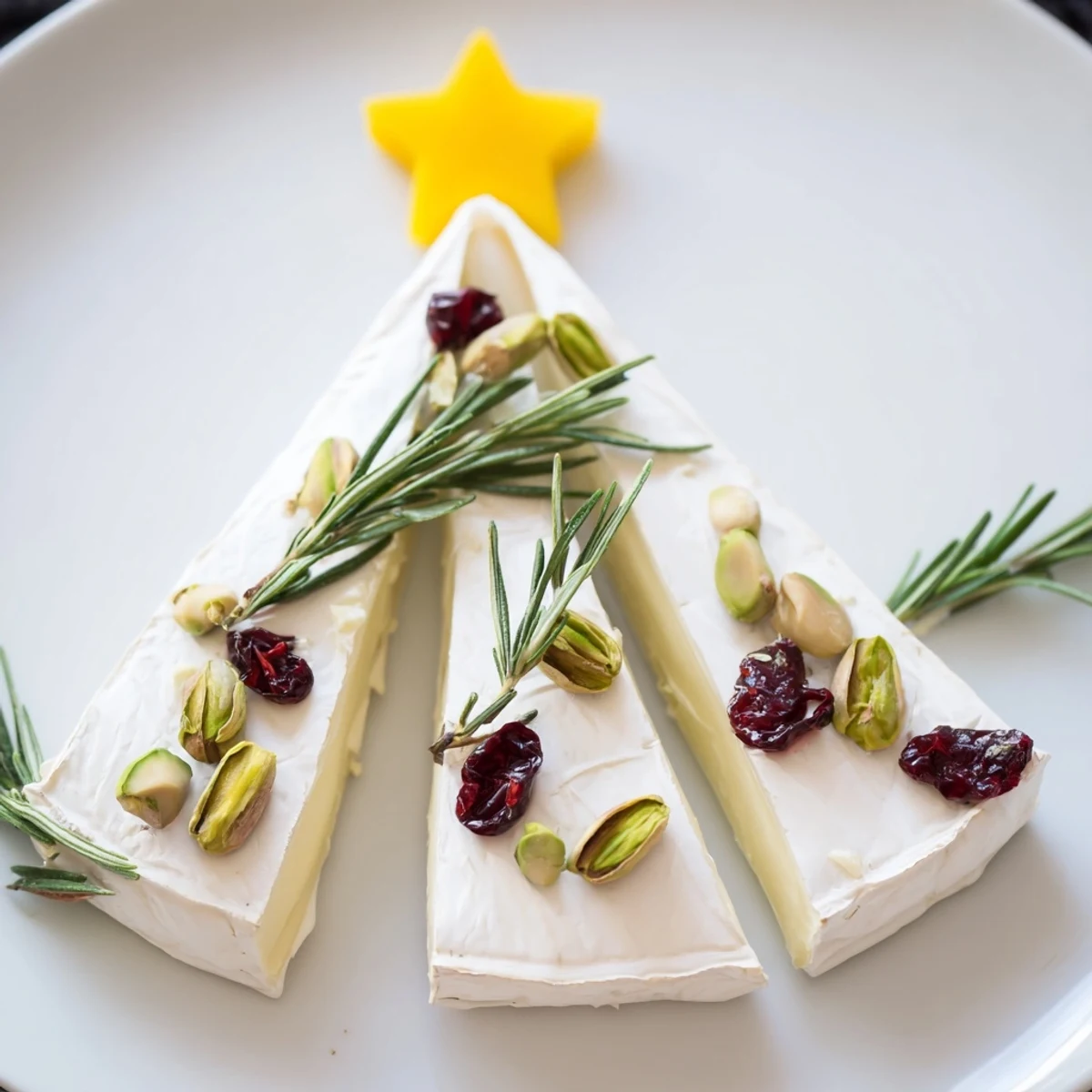 The creamy Brie Triangle Cheese Tree sparkles with holiday garnishes alongside savory crackers for everyone to enjoy.