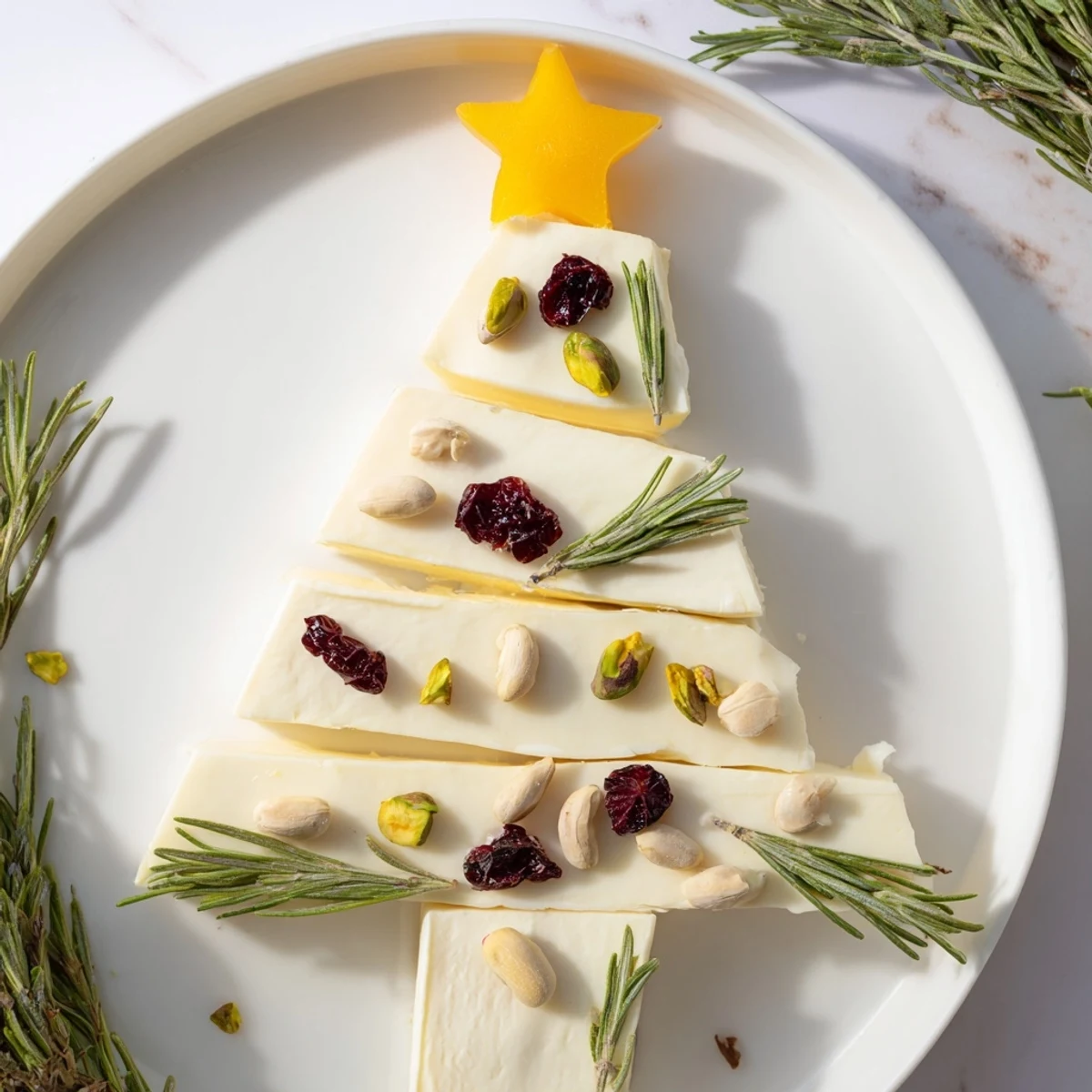 A festive Brie Triangle Cheese Tree display, garnished with rosemary and cranberries, ready to serve.