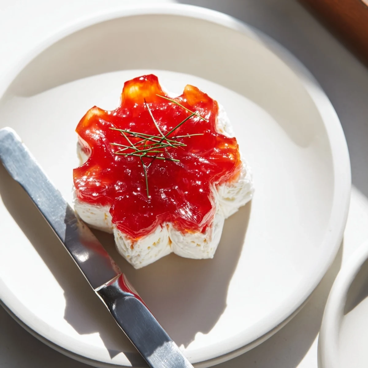 Tangy cream cheese stars, beautifully adorned with sweet pepper jelly, perfect for your appetizer spread.