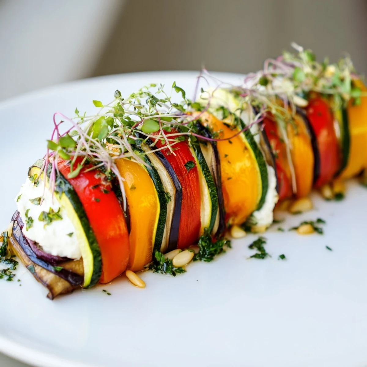 Roasted vegetable snail shell spiral with creamy goat cheese, perfect elegant appetizer.