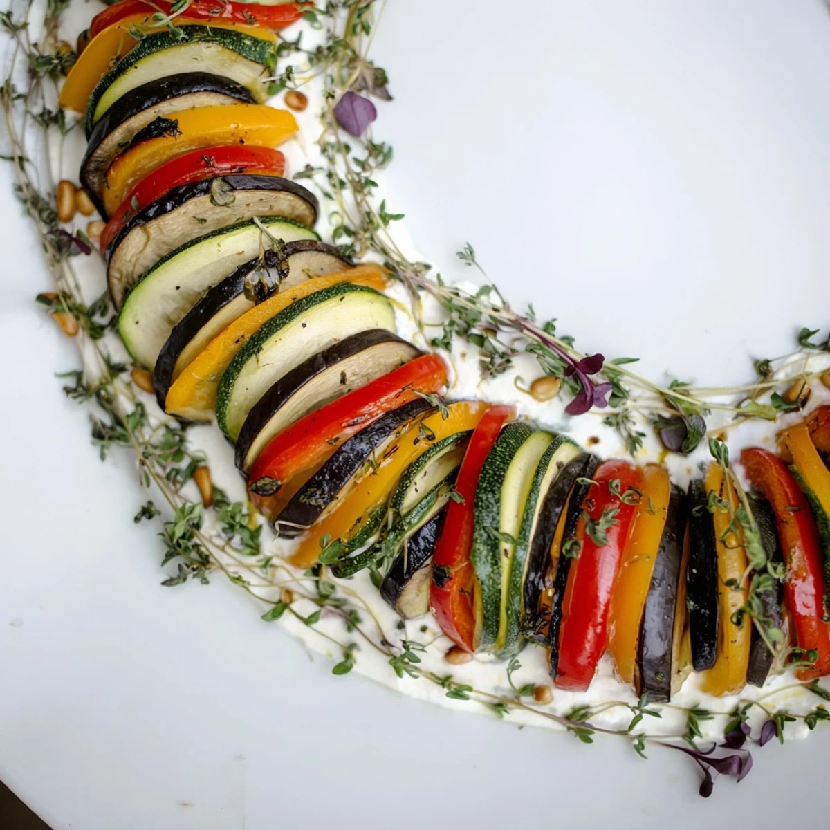 A stunning vegetarian The Snail Shell Spiral appetizer, artfully arranged and ready to be enjoyed.