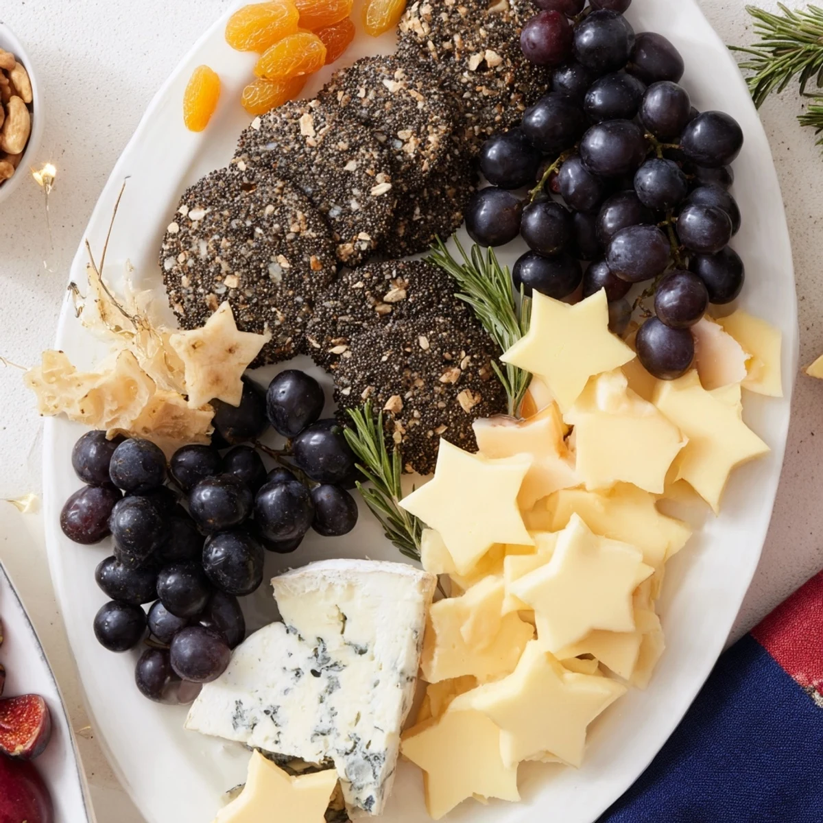 A beautifully arranged Crescent Moon & Stars Cheese Board, featuring star-shaped gouda and delicious cheeses.