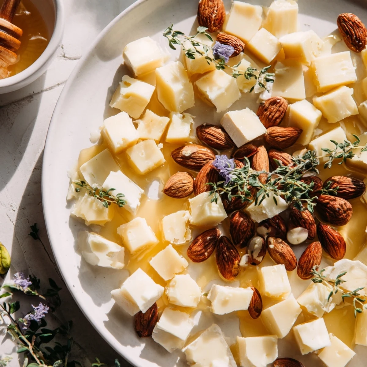 Geometric Honeycomb Hexagon Maze appetizer: creamy cheeses artfully arranged with crunchy nuts and drizzled honey.