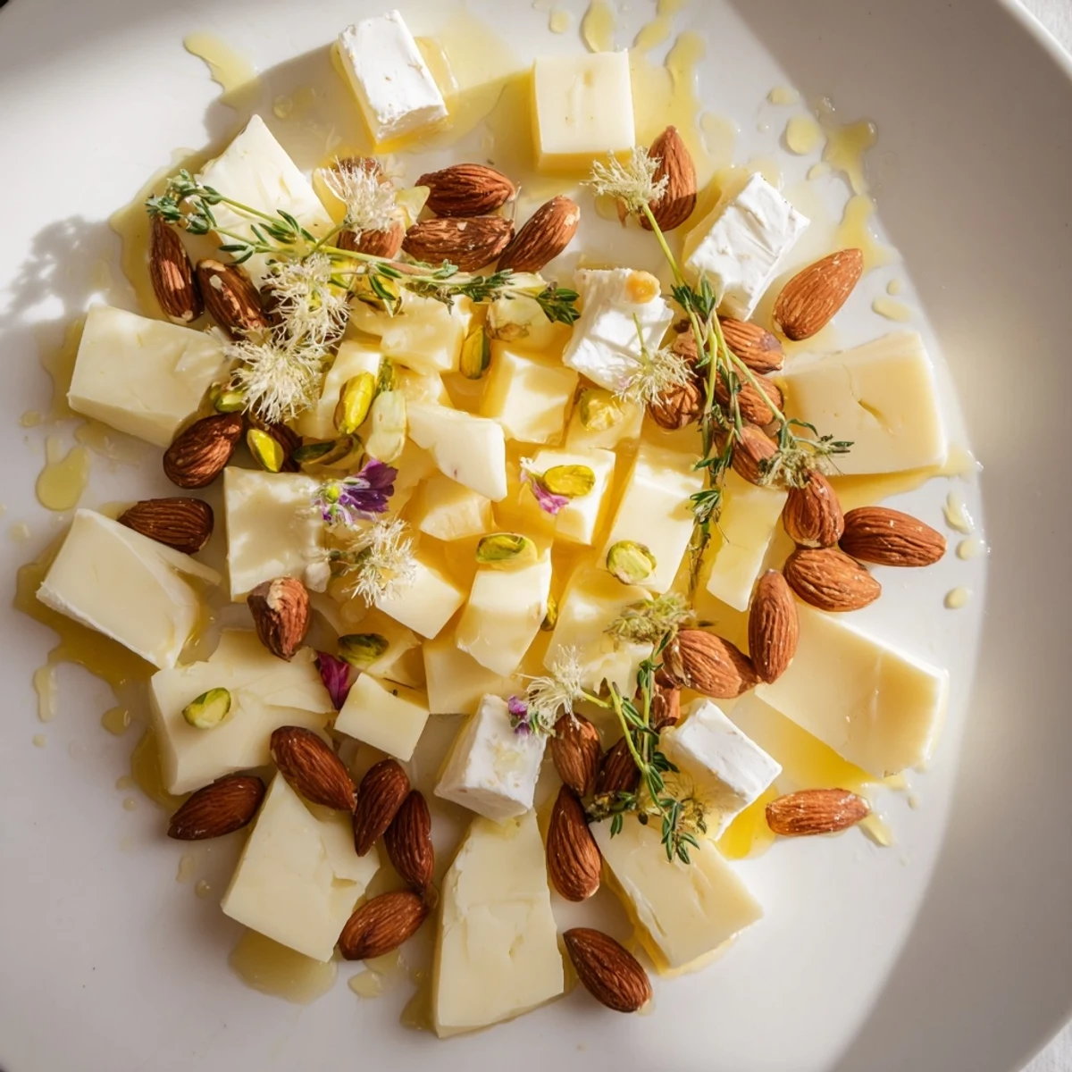 Elegant Honeycomb Hexagon Maze, a delectable cheese board with contrasting textures and drizzled golden honey.