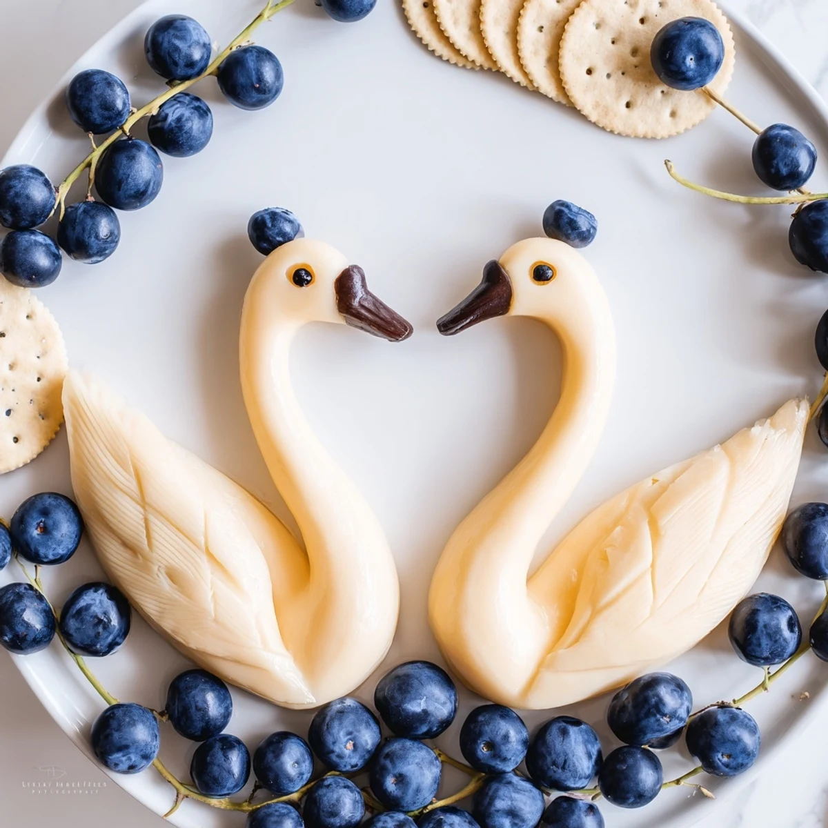 A beautiful Elegant Swan Lake Board with swan cheese carvings, grapes, and crackers ready to serve.