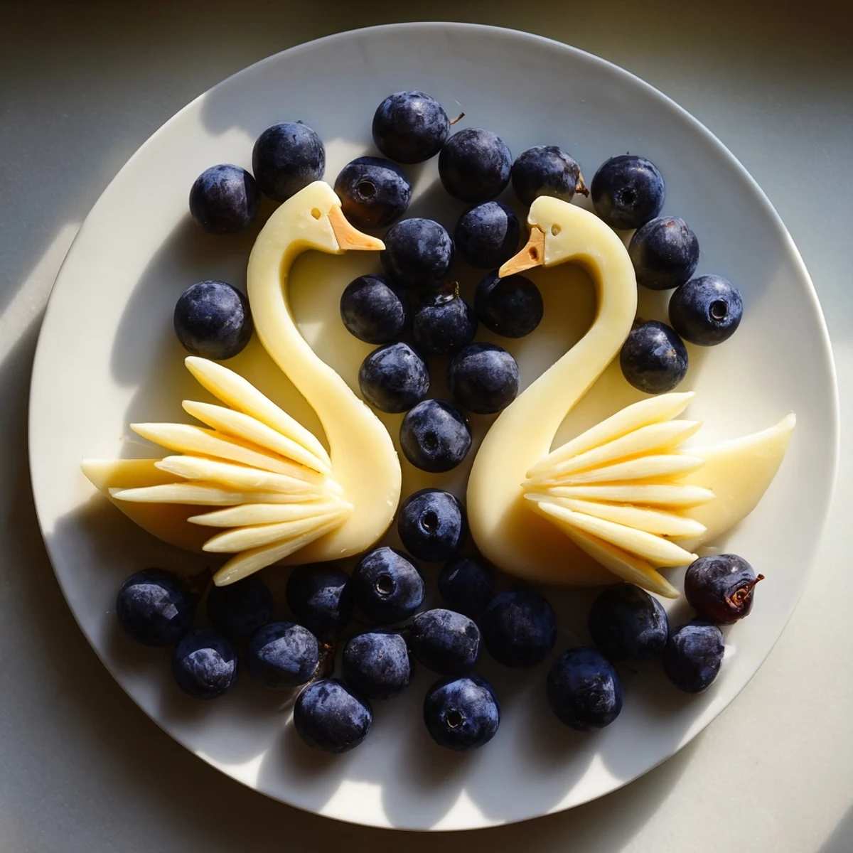 Elegant Swan Lake Board: Two cheese swans rest surrounded by blue grapes and tempting crackers.