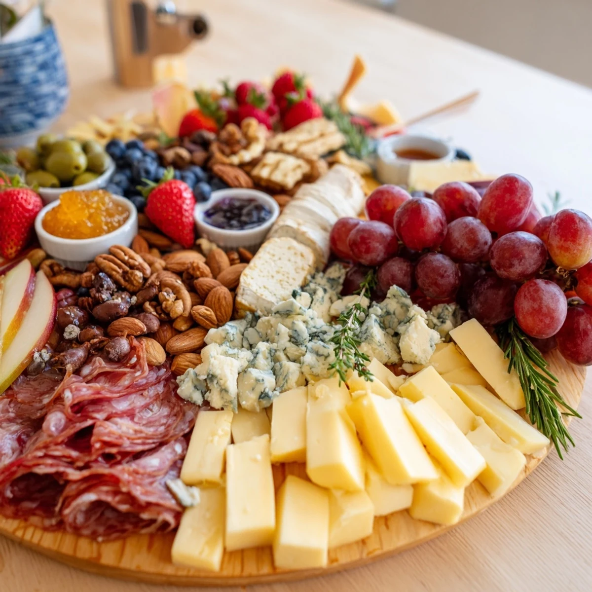 A perfectly overflowing Waterfall Edge Grazing Board with cascading cheeses, fruits, and meats ready to enjoy.