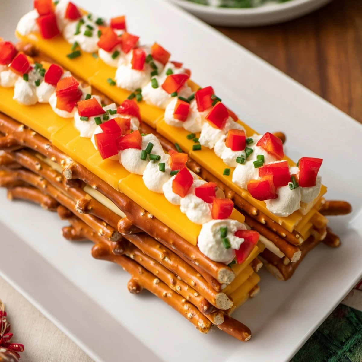 Golden cheddar and mozzarella cheese slices create a delightful Rustic Log Cabin appetizer with pretzel "logs".