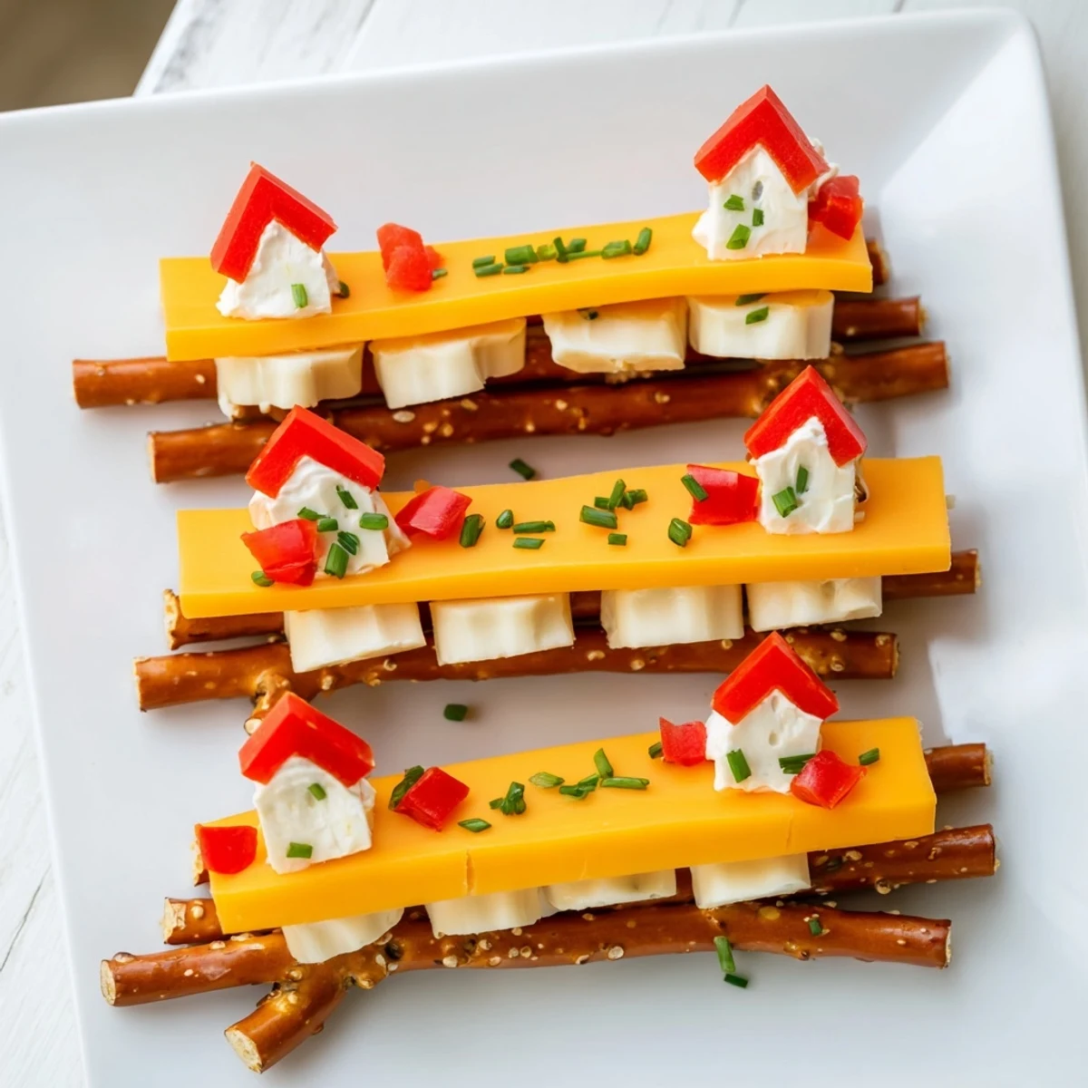 Visually stunning, photo of a Rustic Log Cabin appetizer made with pretzel rods and fresh cheese for snacking.