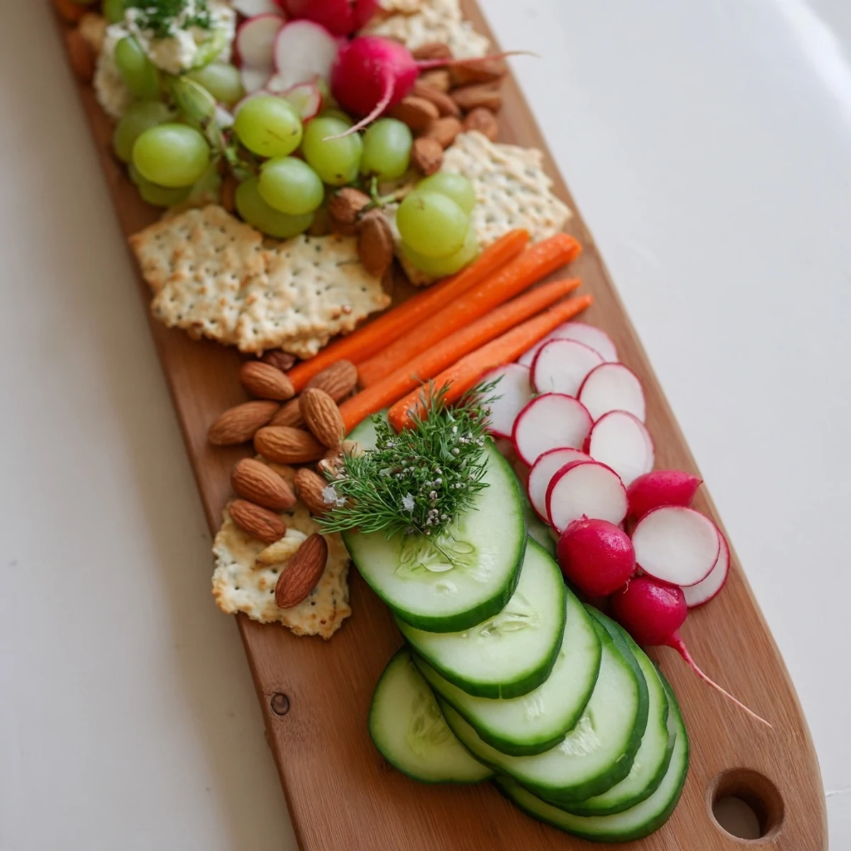 Gorgeous The Zen Balance appetizer board with vibrant vegetables, goat cheese, and almonds.